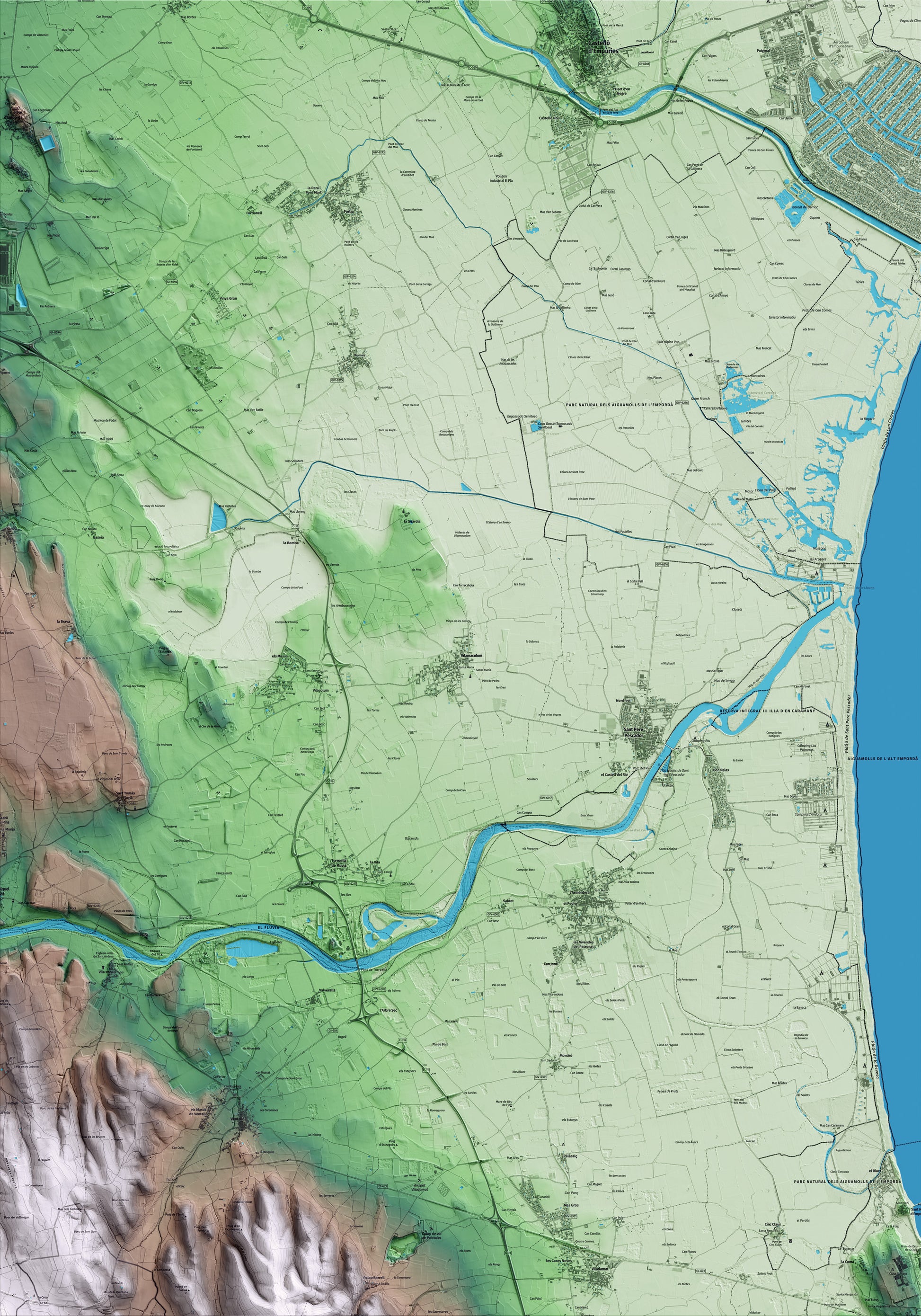 Mapa artístico del relieve de Vilamacolum, al Alt Empordà, con 15 km de entorno y base topográfica ICGC