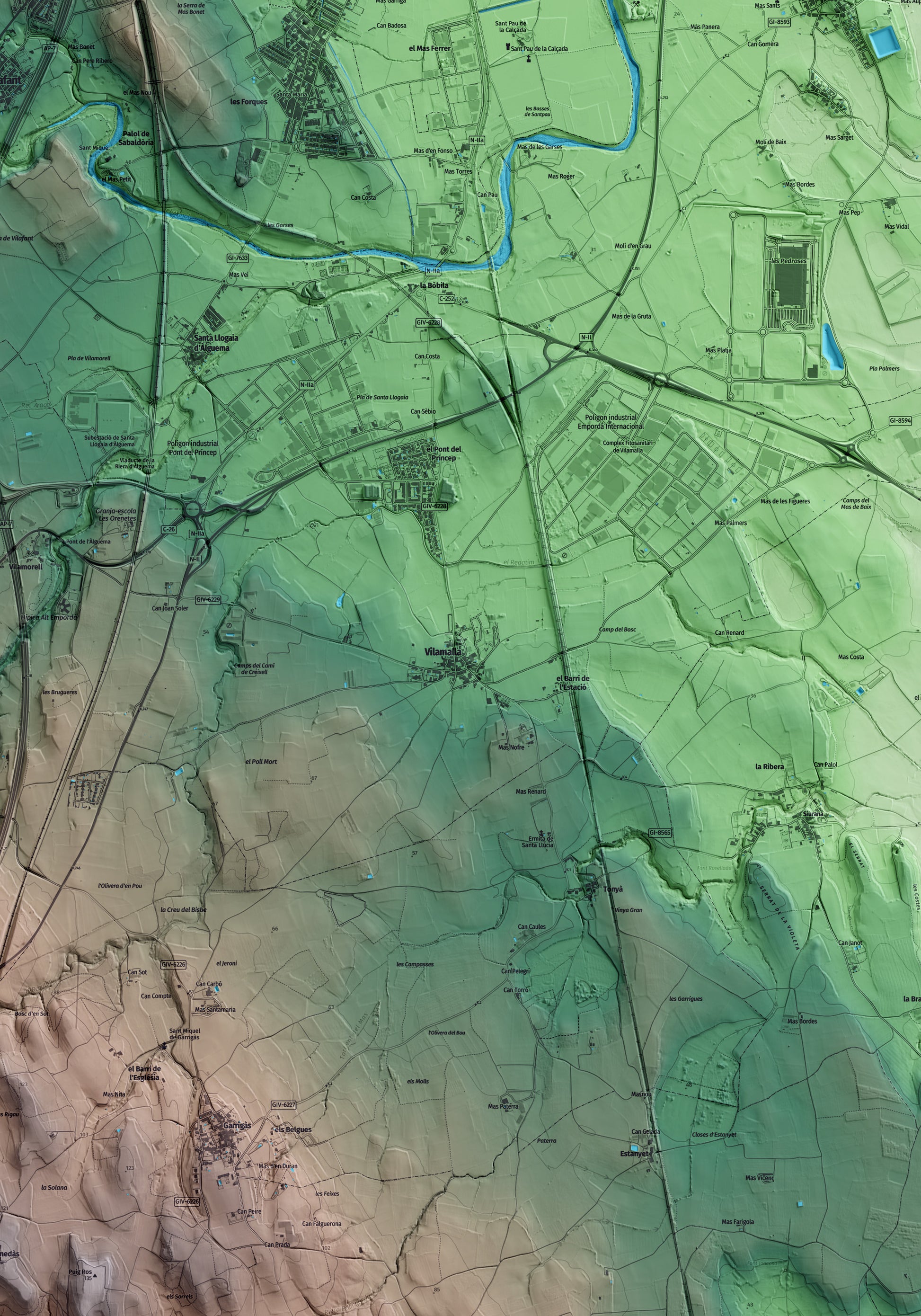 Mapa artístico del relieve de Vilamalla, al Alt Empordà, con 15 km de entorno y base topográfica ICGC. Detalle de la zona central.