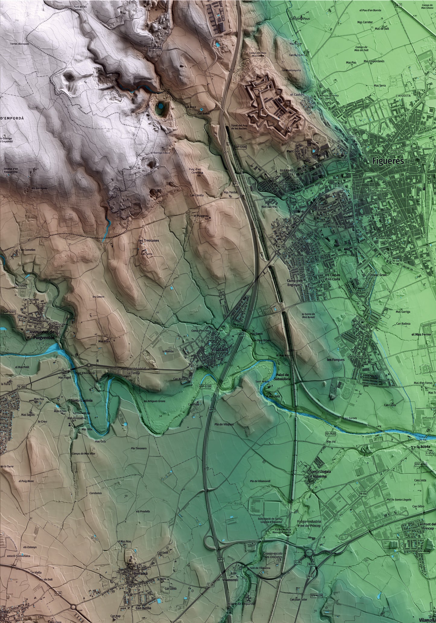 Mapa artístico del relieve de Vilamalla, al Alt Empordà, con 15 km de entorno y base topográfica ICGC. Detalle de la zona superior izquierda.