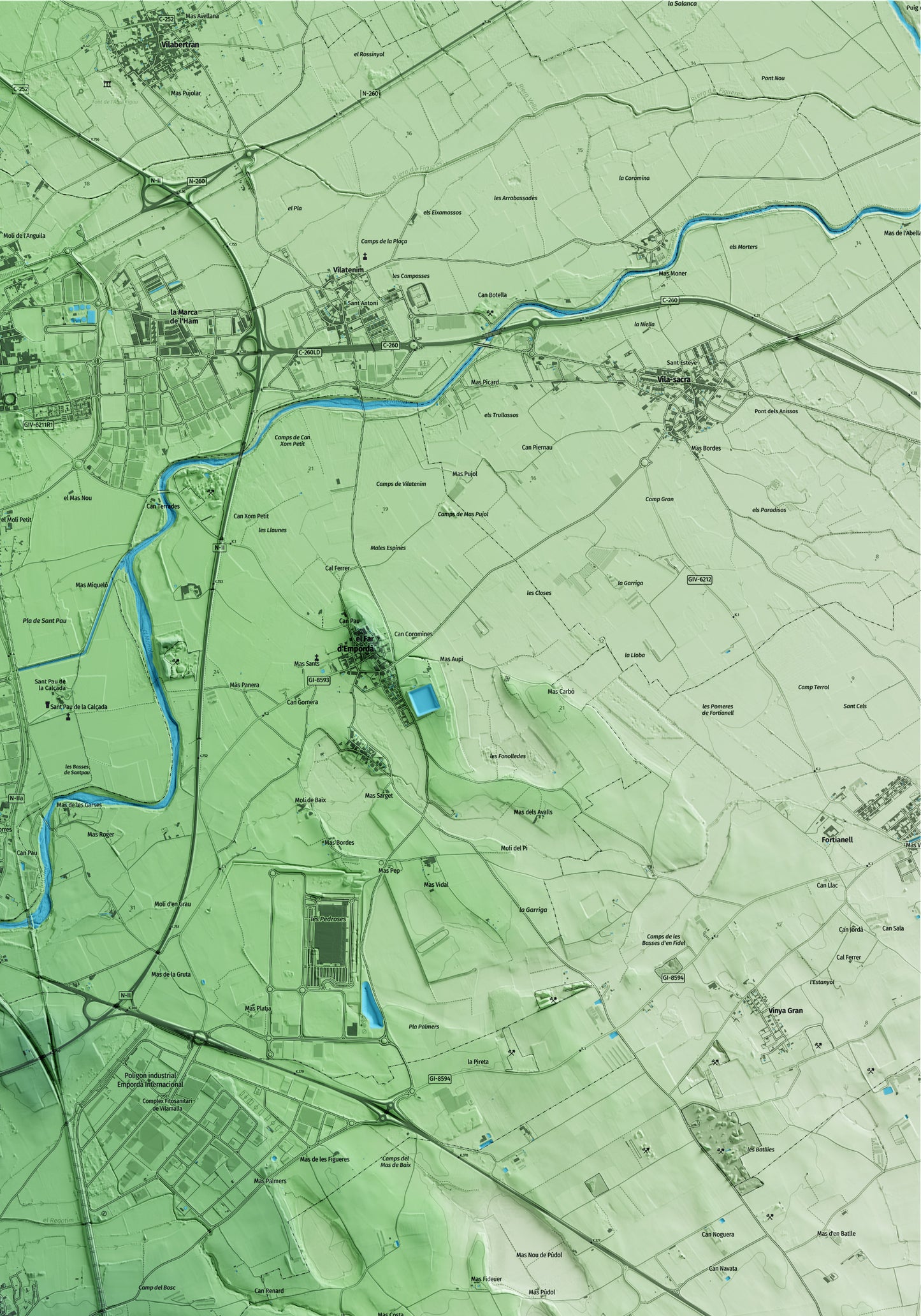 Mapa artístico del relieve de Vilamalla, al Alt Empordà, con 15 km de entorno y base topográfica ICGC. Detalle de la zona superior derecha.