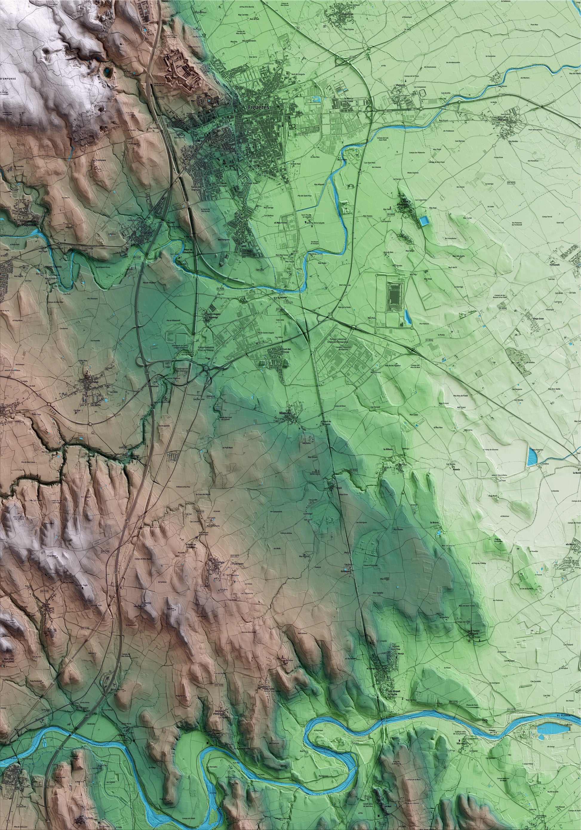 Mapa artístico del relieve de Vilamalla, al Alt Empordà, con 15 km de entorno y base topográfica ICGC