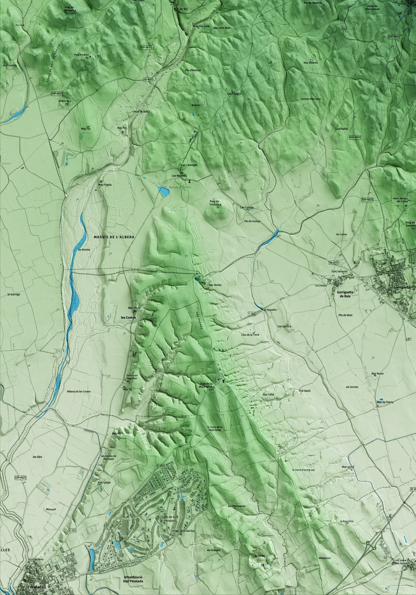Mapa artístico del relieve de Vilamaniscle, al Alt Empordà, con 15 km de entorno y base topográfica ICGC. Detalle de la zona inferior izquierda.
