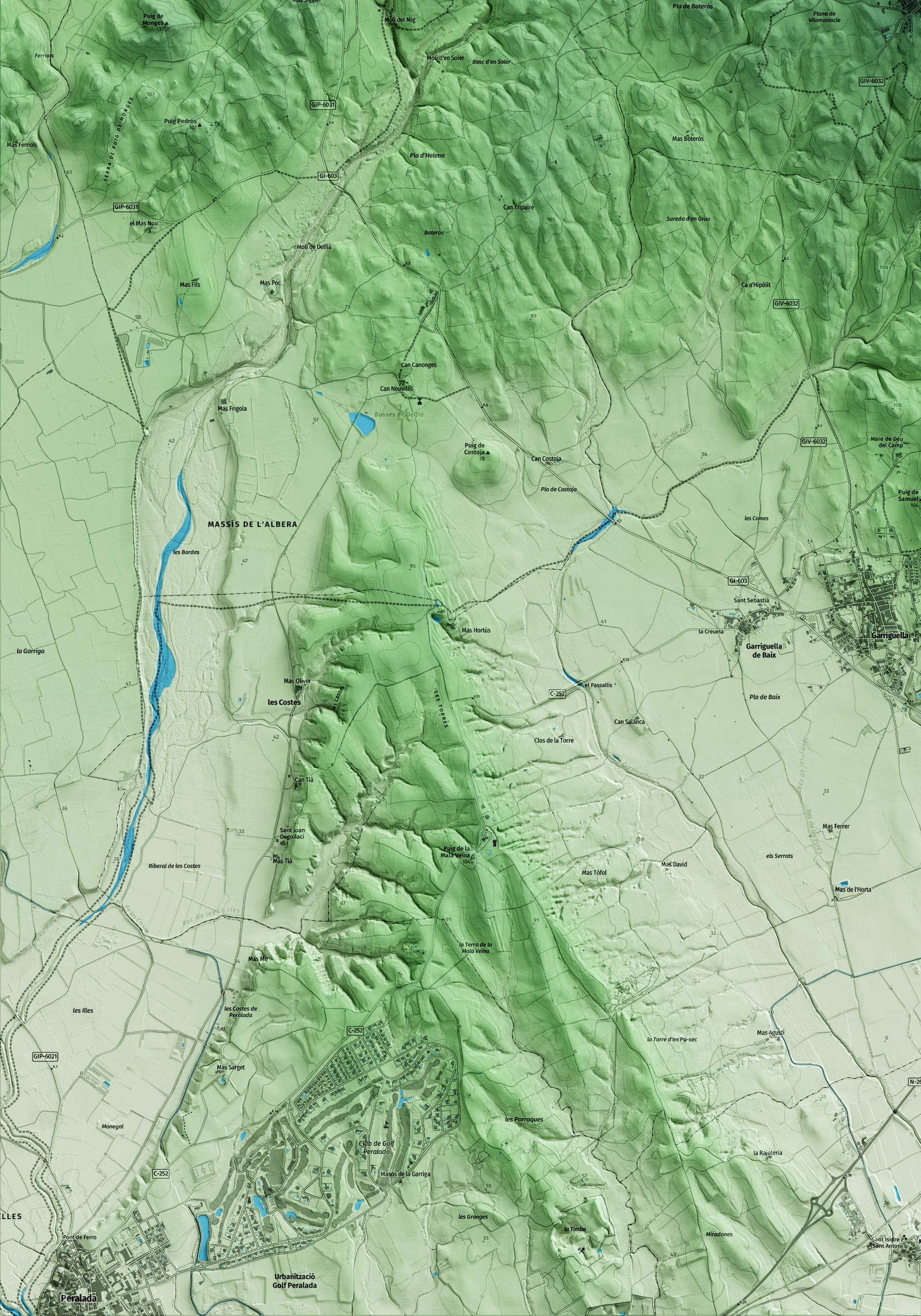 Mapa artístico del relieve de Vilamaniscle, al Alt Empordà, con 15 km de entorno y base topográfica ICGC. Detalle de la zona inferior izquierda.