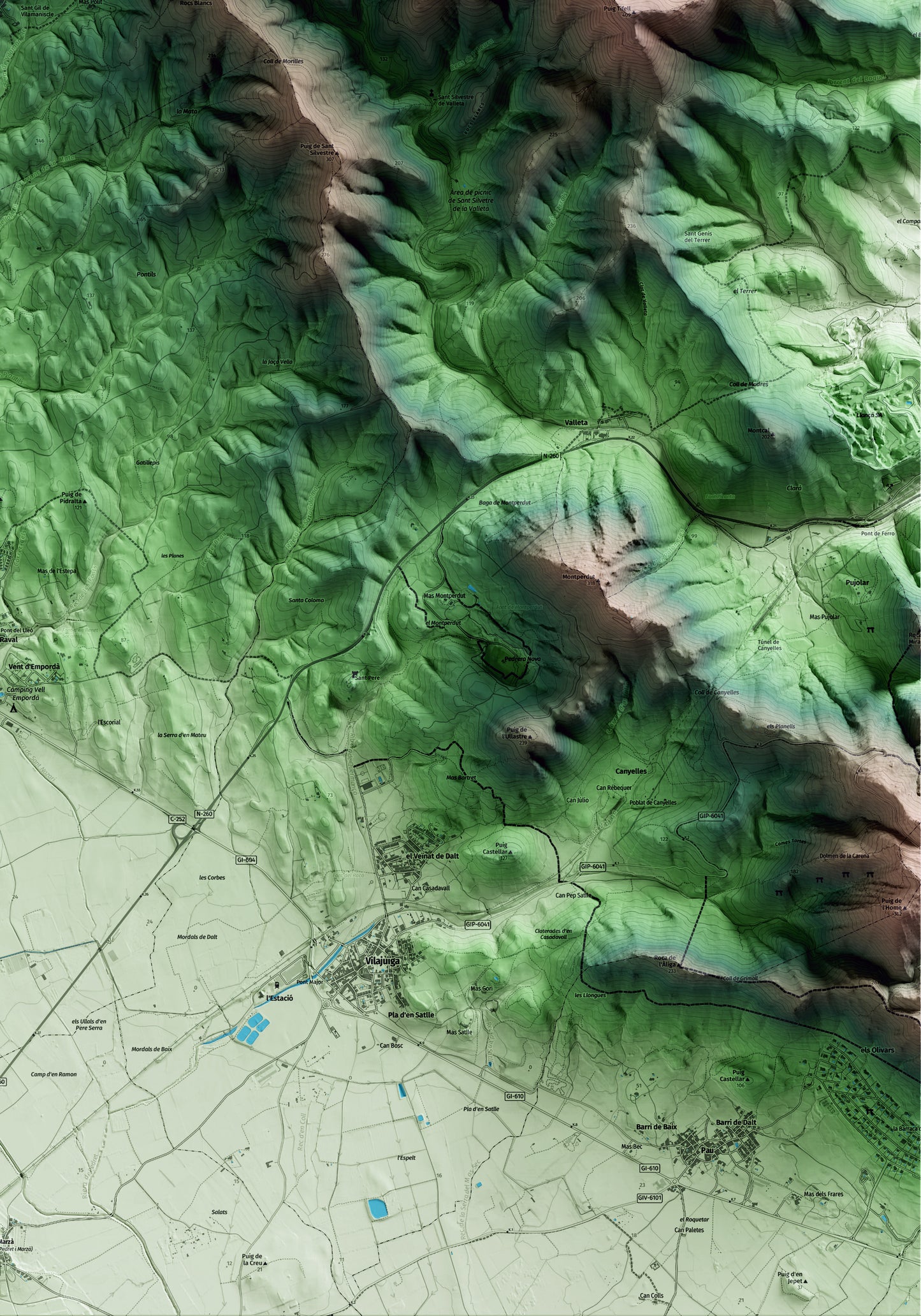 Mapa artístico del relieve de Vilamaniscle, al Alt Empordà, con 15 km de entorno y base topográfica ICGC. Detalle de la zona inferior derecha.