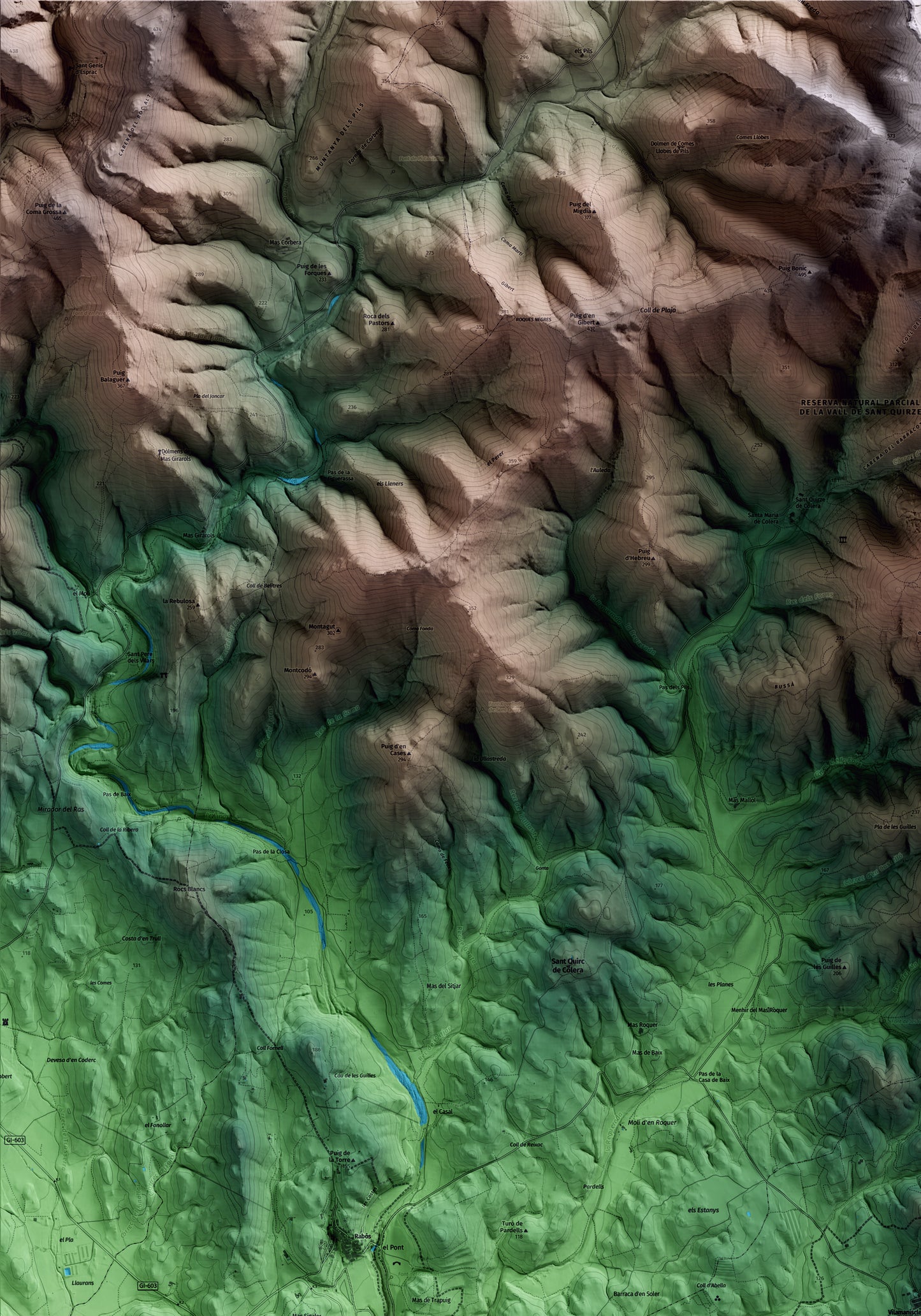 Mapa artístico del relieve de Vilamaniscle, al Alt Empordà, con 15 km de entorno y base topográfica ICGC. Detalle de la zona superior izquierda.