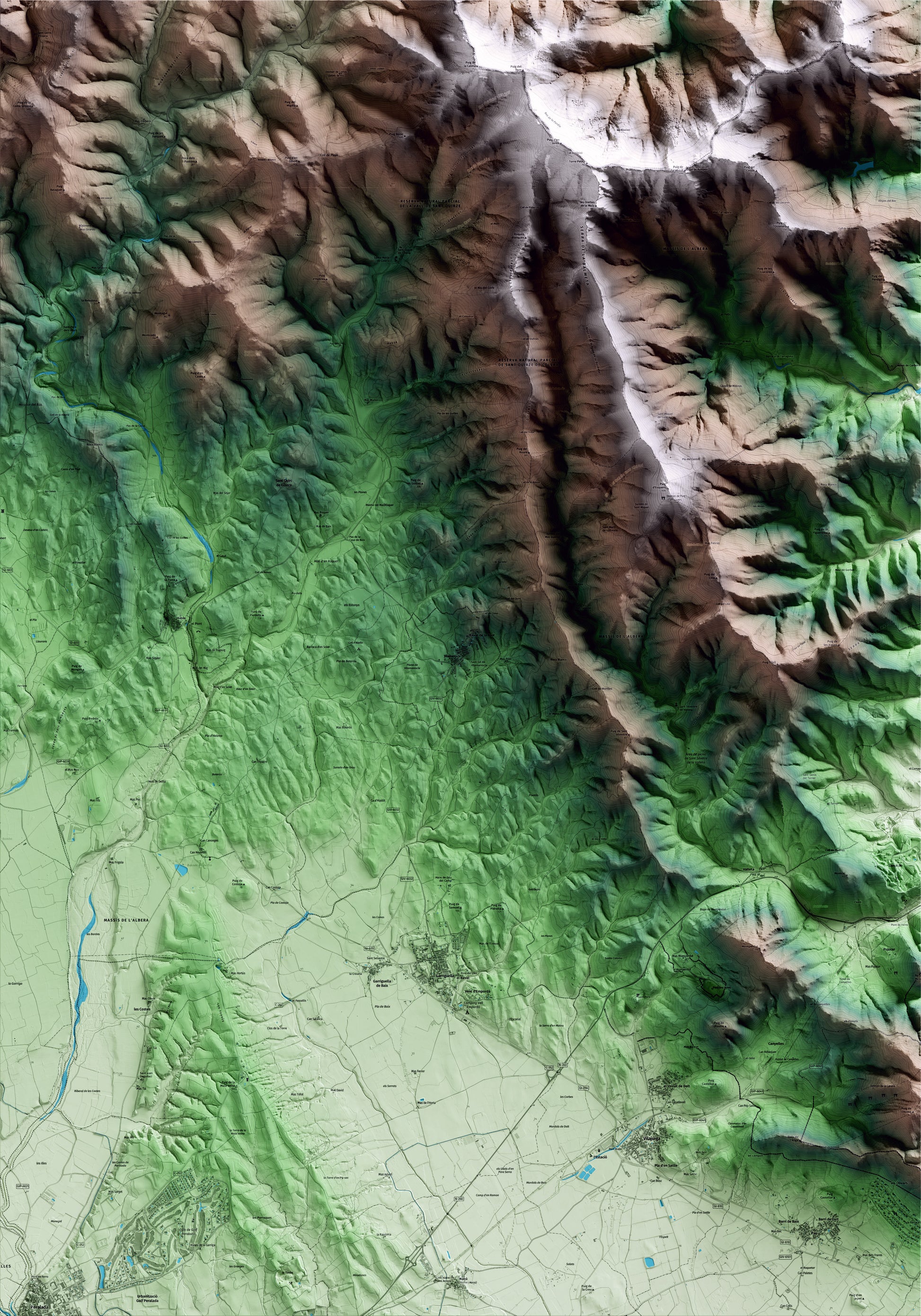 Mapa artístico del relieve de Vilamaniscle, al Alt Empordà, con 15 km de entorno y base topográfica ICGC