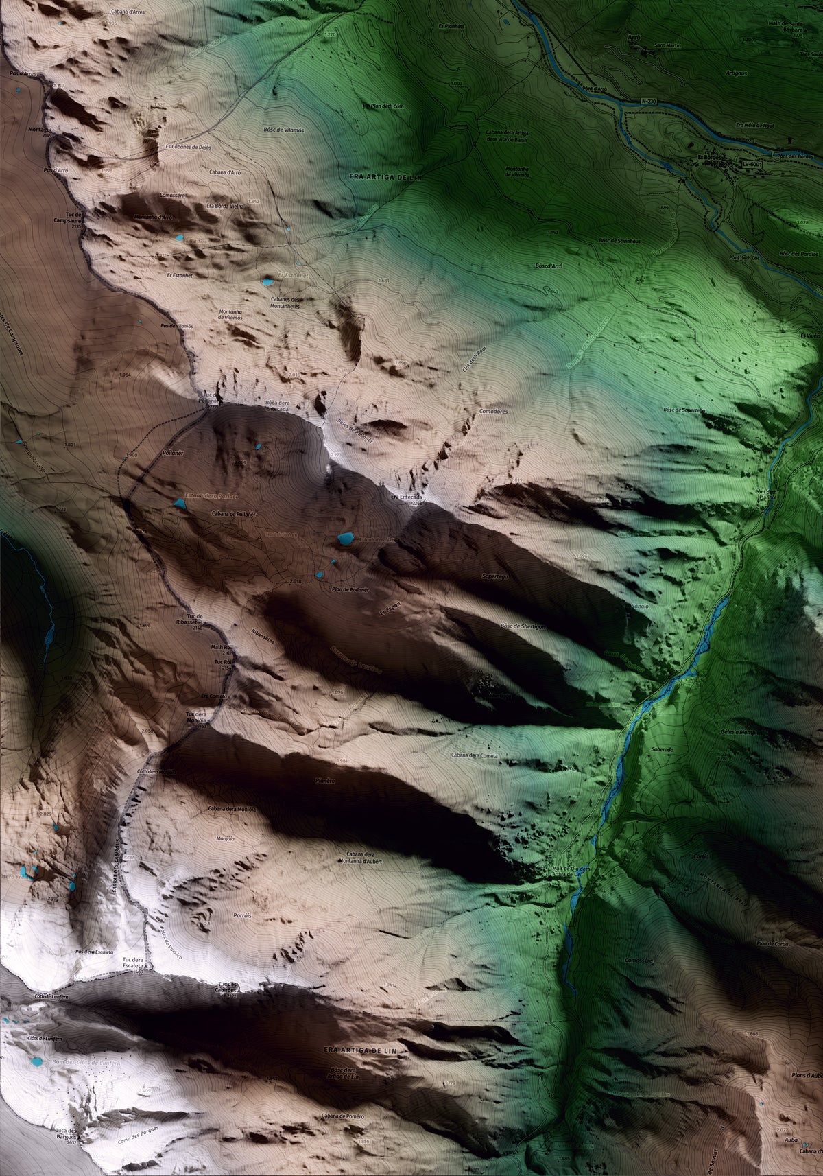 Mapa artístico del relieve de Vilamòs, al Aran, con 15 km de entorno y base topográfica ICGC. Detalle de la zona inferior izquierda.