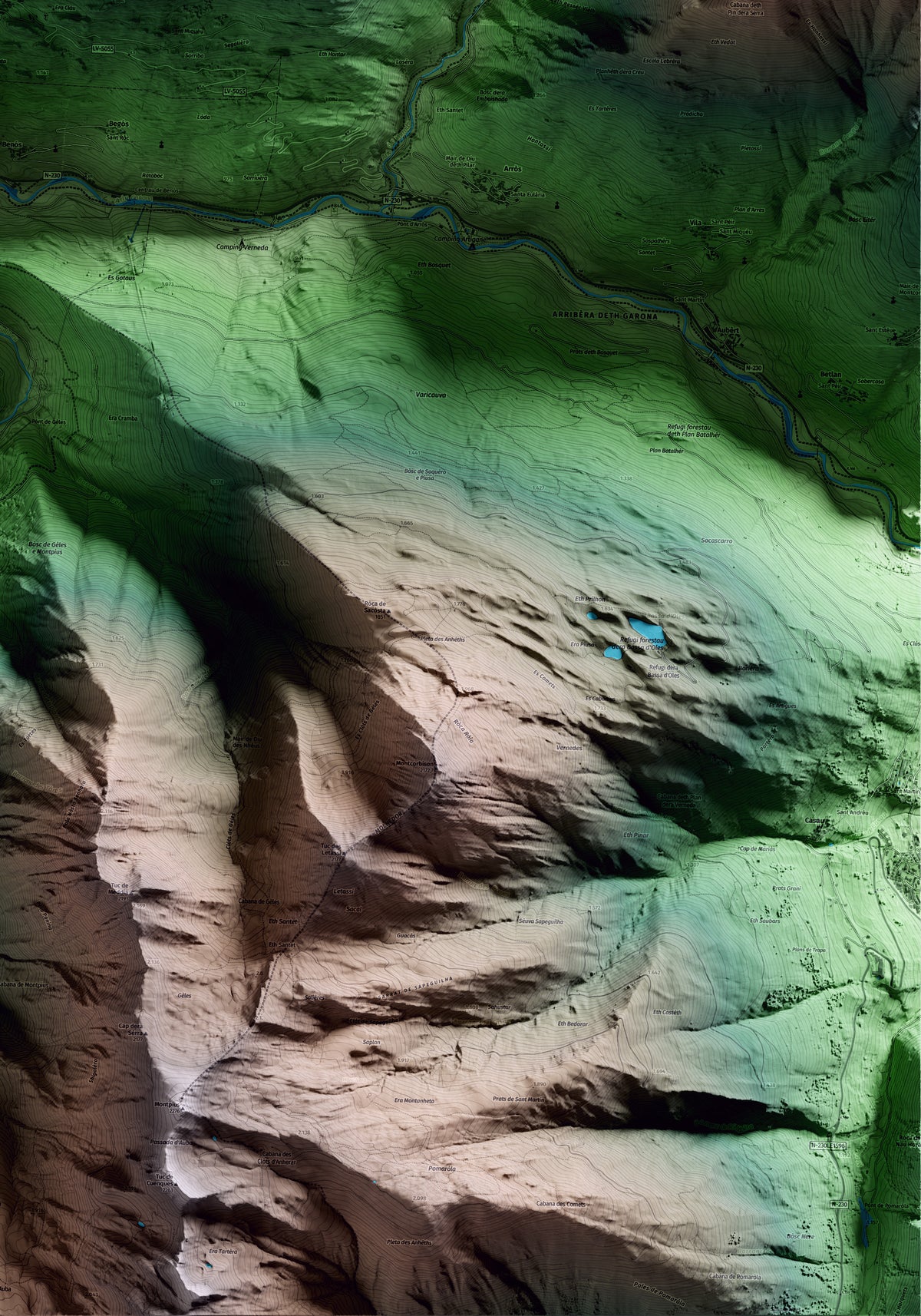 Mapa artístico del relieve de Vilamòs, al Aran, con 15 km de entorno y base topográfica ICGC. Detalle de la zona inferior derecha.