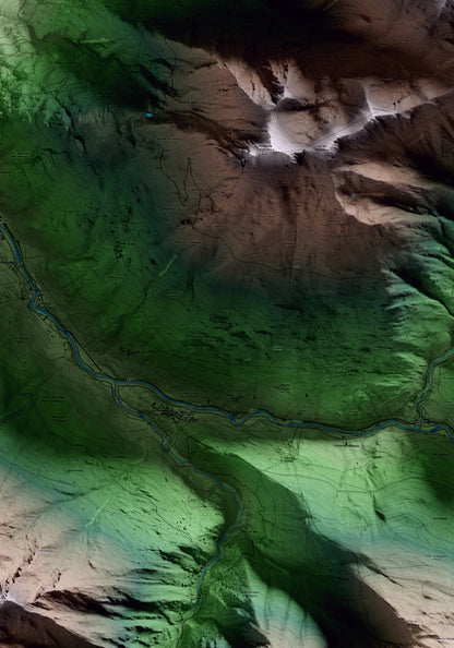 Mapa artístico del relieve de Vilamòs, al Aran, con 15 km de entorno y base topográfica ICGC. Detalle de la zona central.