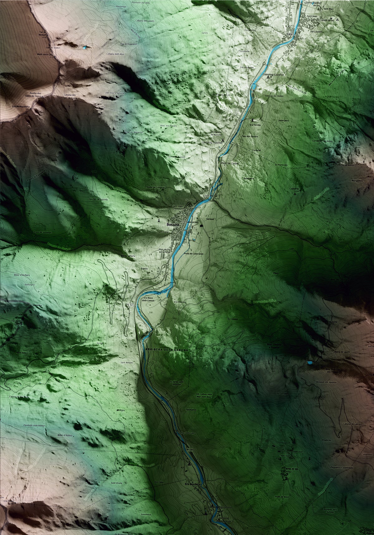 Mapa artístico del relieve de Vilamòs, al Aran, con 15 km de entorno y base topográfica ICGC. Detalle de la zona superior izquierda.