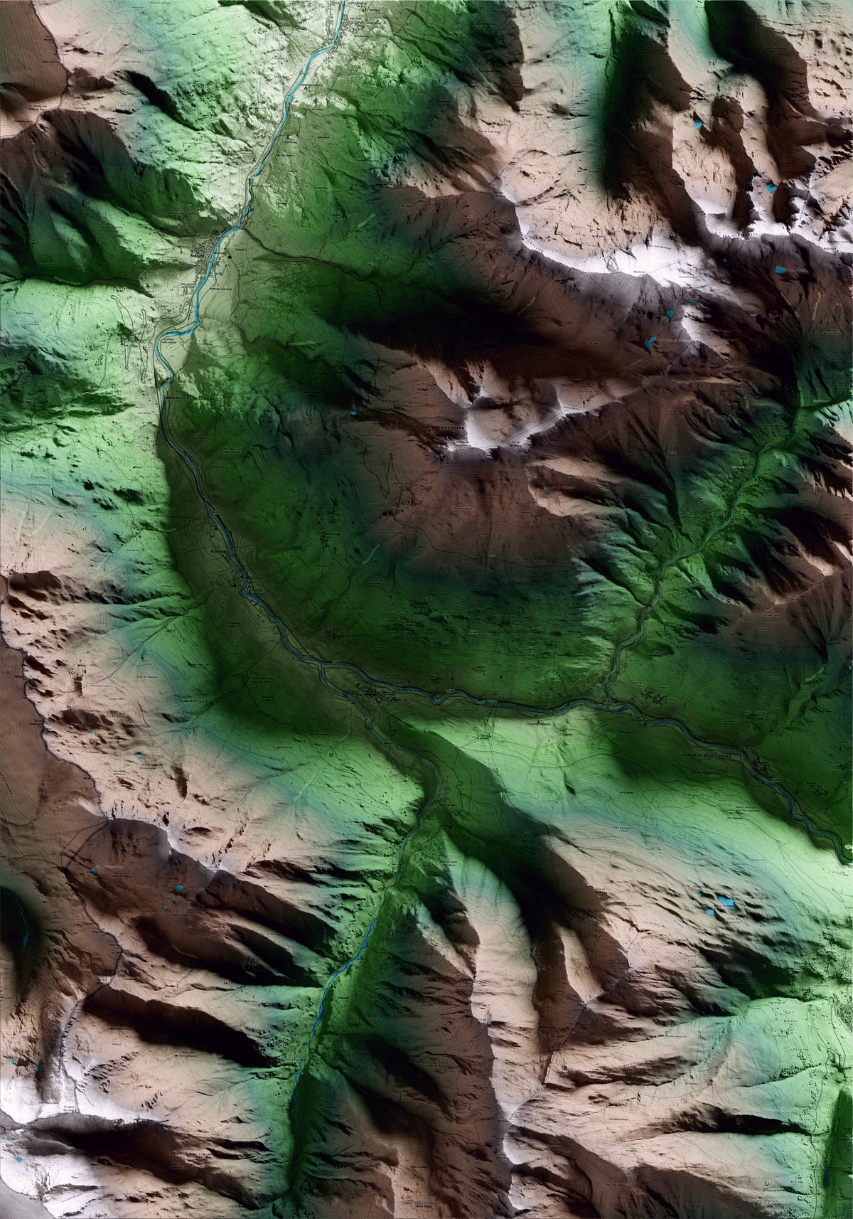 Mapa artístico del relieve de Vilamòs, al Aran, con 15 km de entorno y base topográfica ICGC