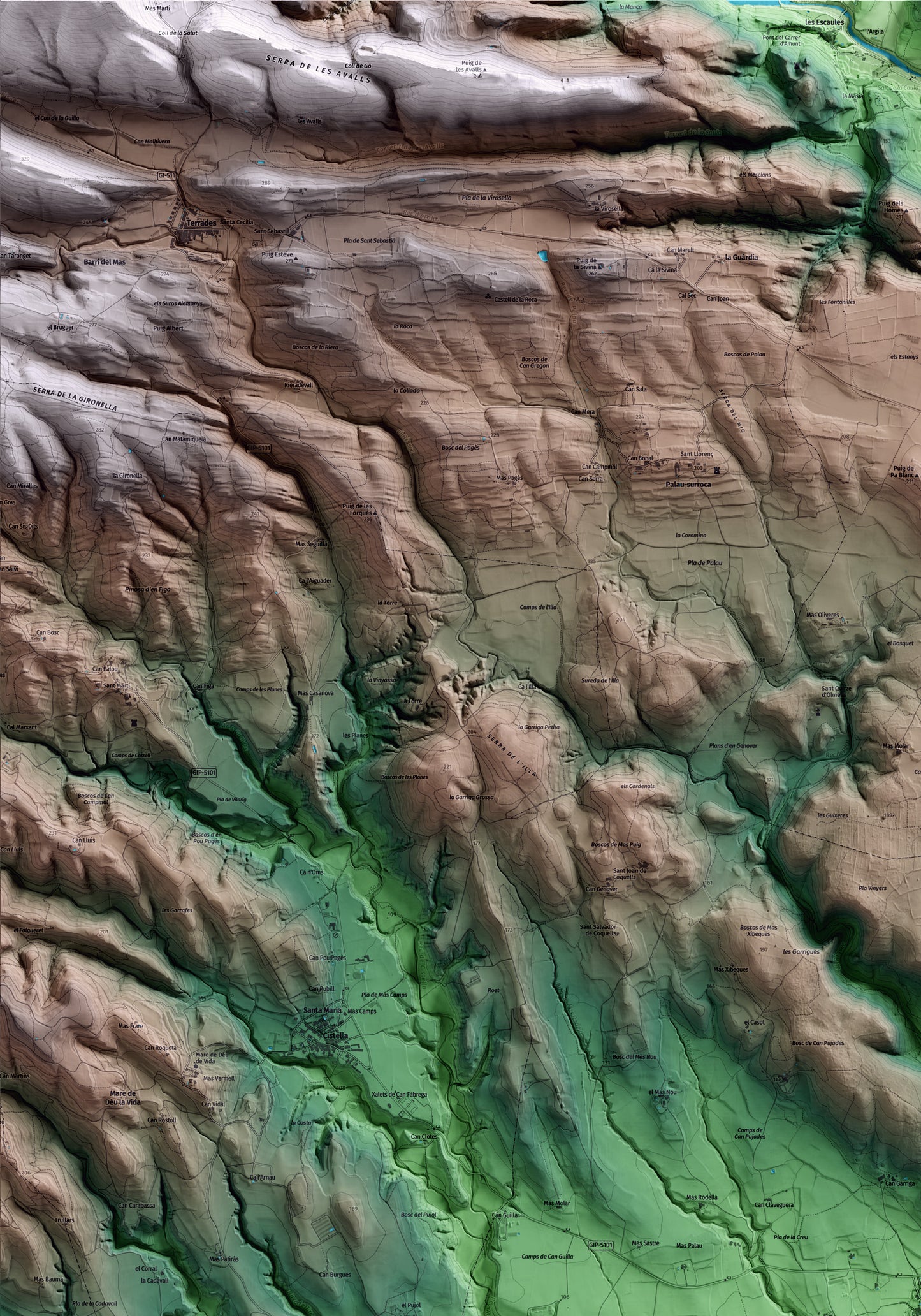 Mapa artístico del relieve de Vilanant, al Alt Empordà, con 15 km de entorno y base topográfica ICGC. Detalle de la zona superior izquierda.