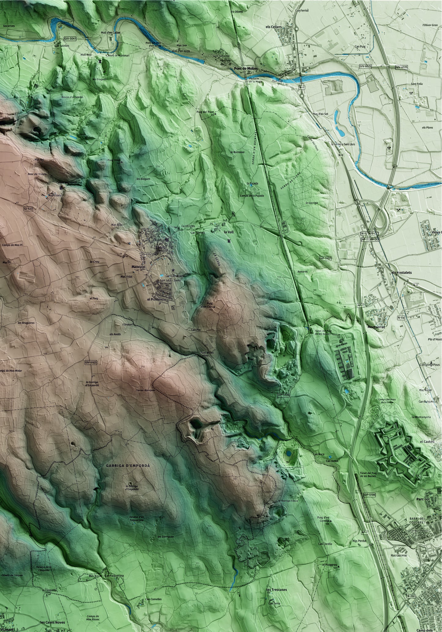Mapa artístico del relieve de Vilanant, al Alt Empordà, con 15 km de entorno y base topográfica ICGC. Detalle de la zona superior derecha.
