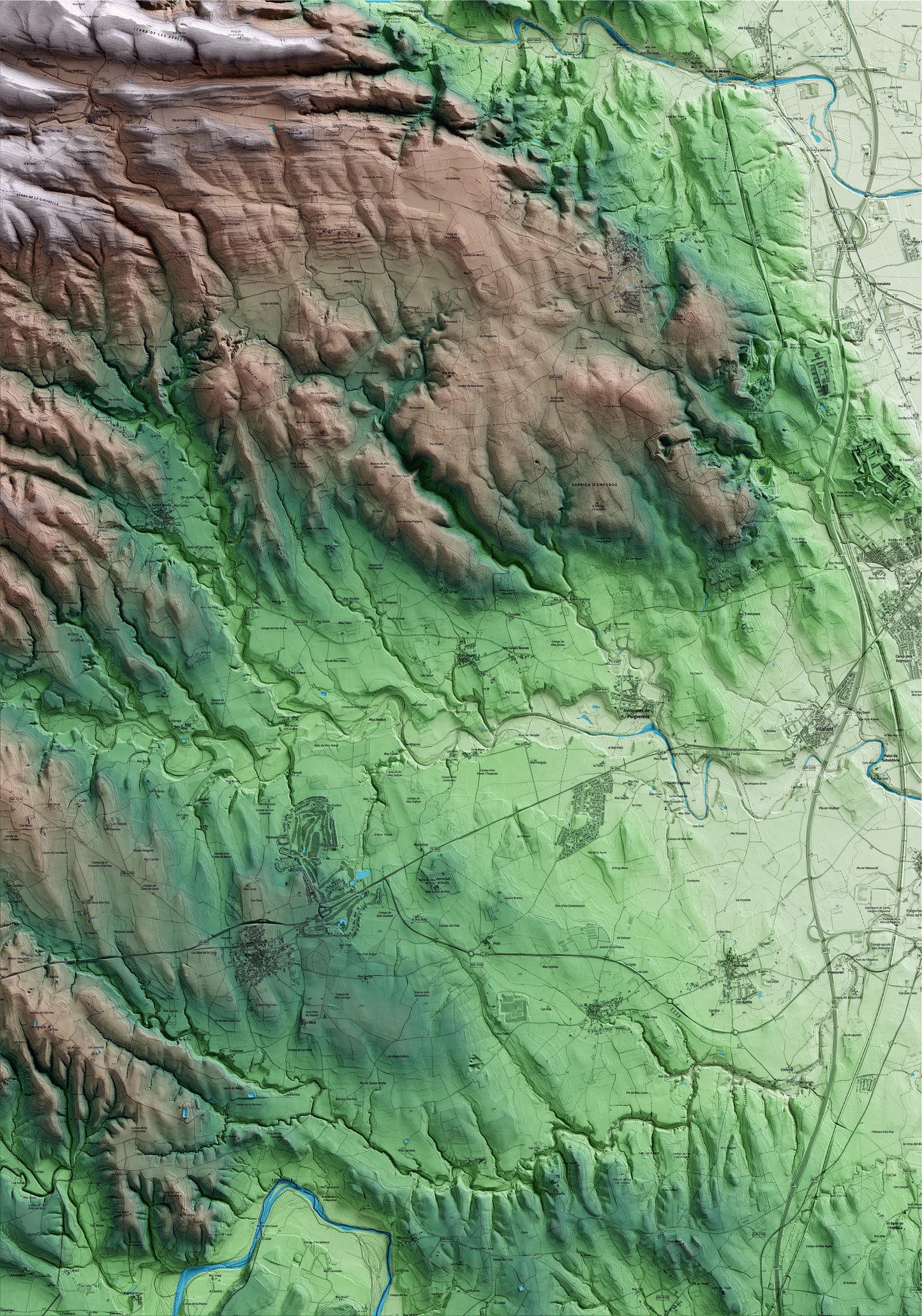 Mapa artístico del relieve de Vilanant, al Alt Empordà, con 15 km de entorno y base topográfica ICGC