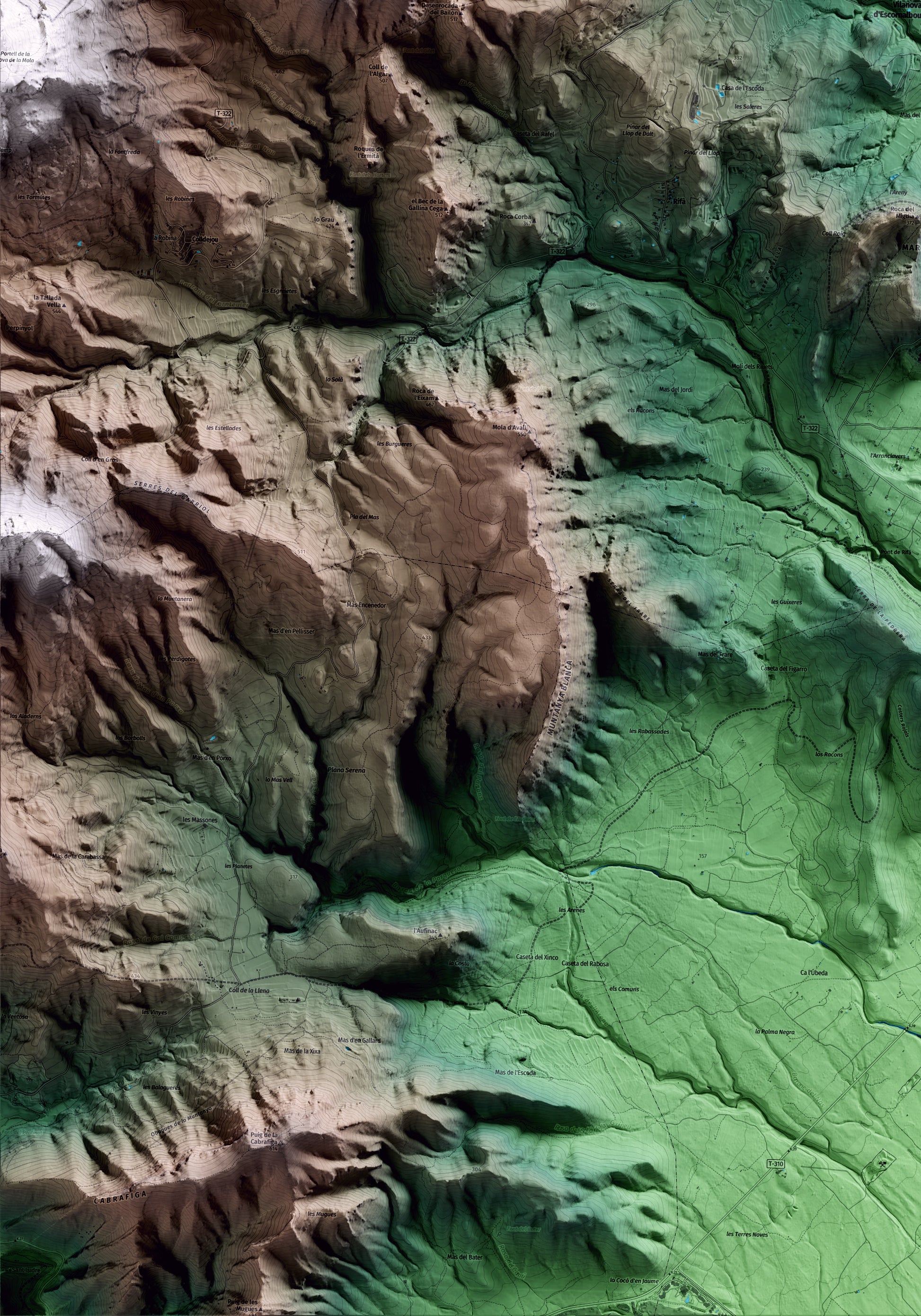 Mapa artístico del relieve de Vilanova d'Escornalbou, al Baix Camp, con 15 km de entorno y base topográfica ICGC. Detalle de la zona inferior izquierda.