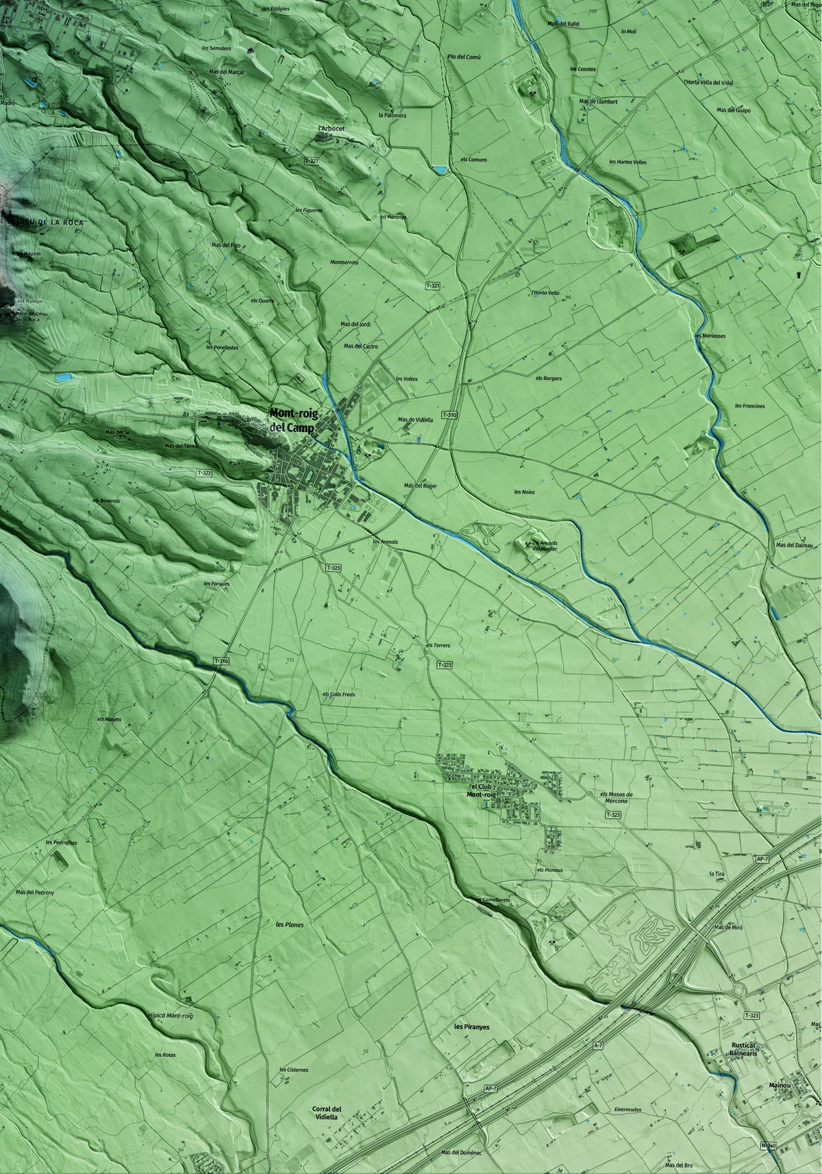Mapa artístico del relieve de Vilanova d'Escornalbou, al Baix Camp, con 15 km de entorno y base topográfica ICGC. Detalle de la zona inferior derecha.