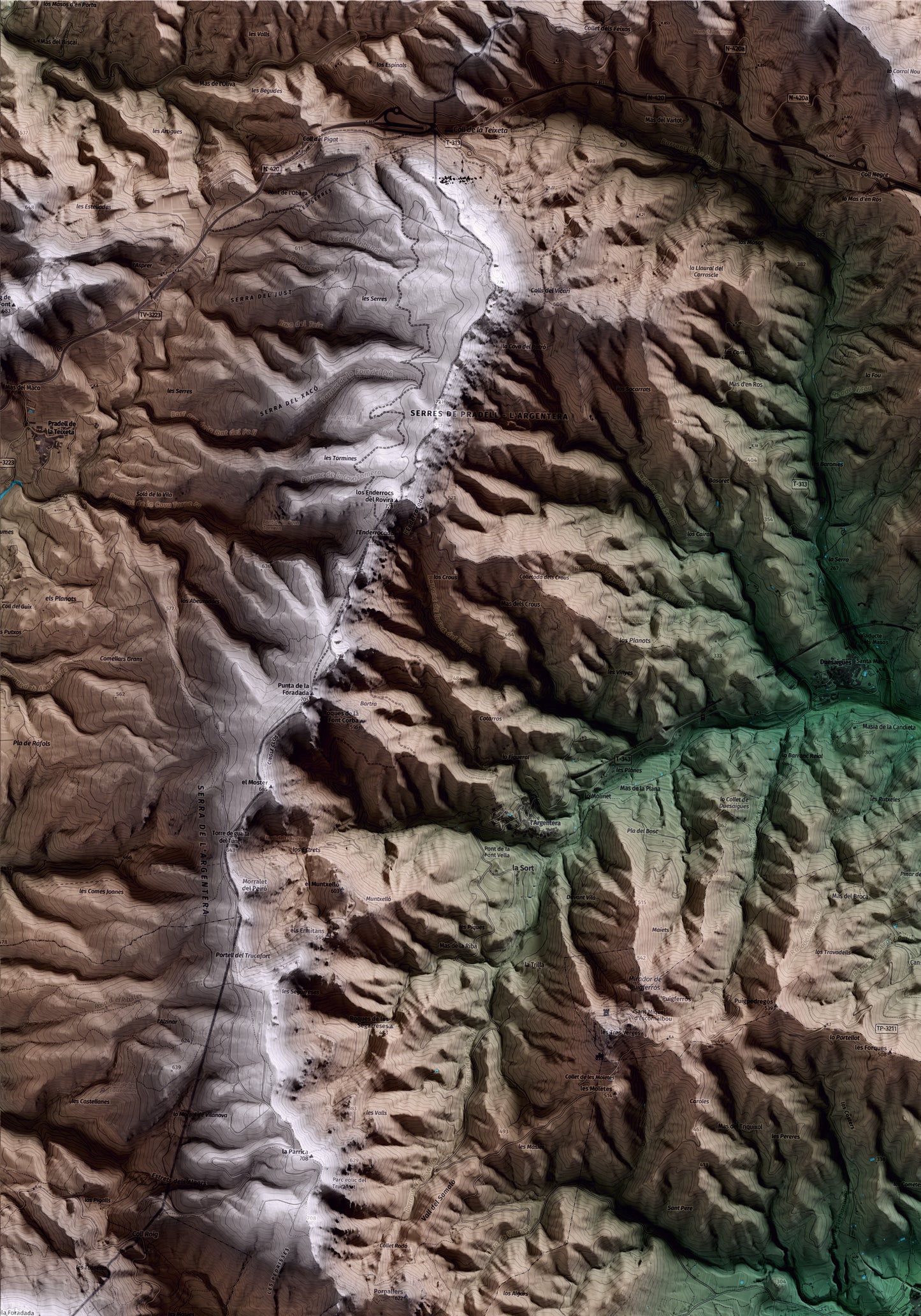 Mapa artístico del relieve de Vilanova d'Escornalbou, al Baix Camp, con 15 km de entorno y base topográfica ICGC. Detalle de la zona superior izquierda.