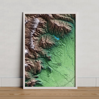 Mapa artístico del relieve de Vilanova d'Escornalbou, al Baix Camp, con 15 km de entorno y base topográfica ICGC. Presentación enmarcada.