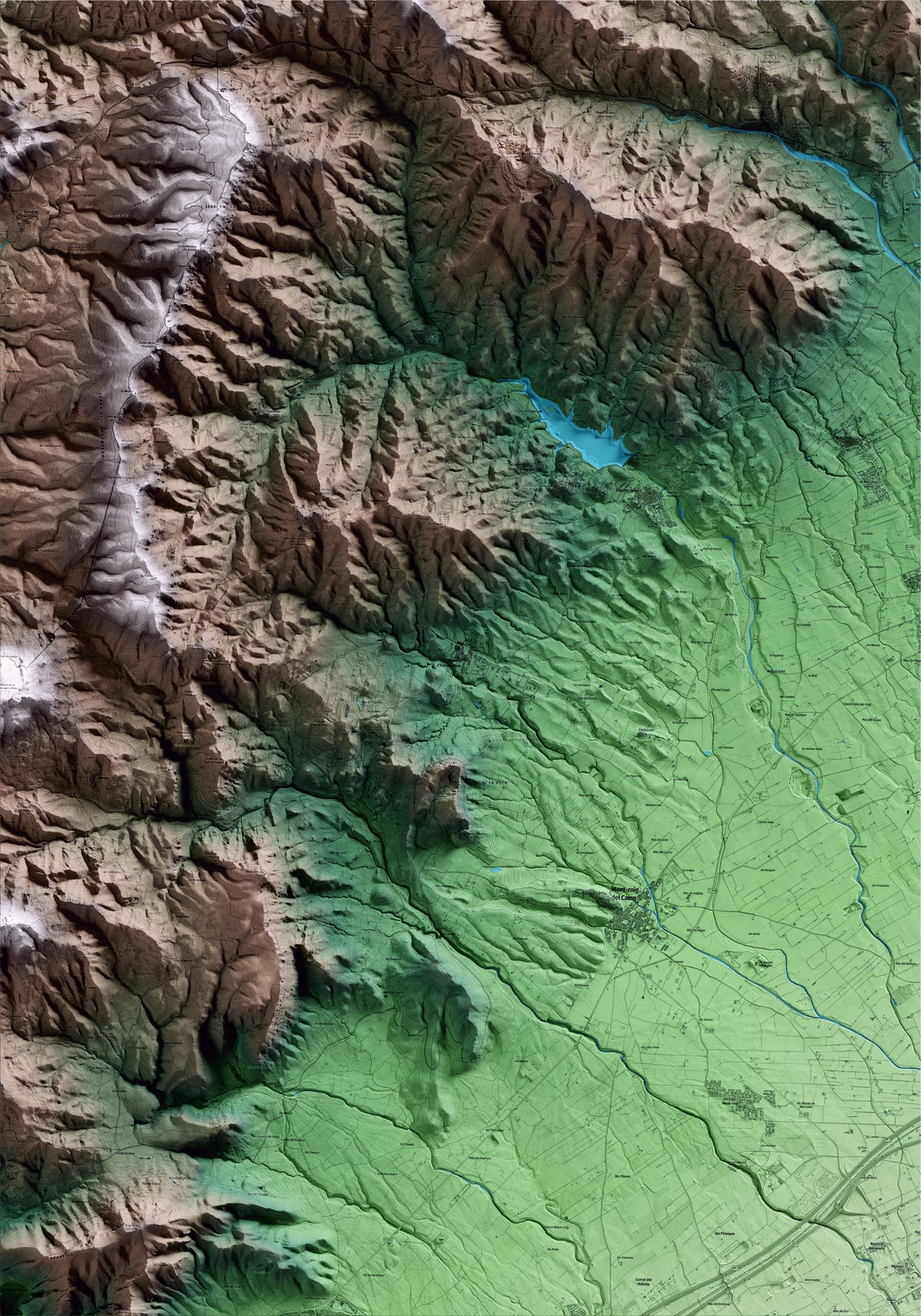 Mapa artístico del relieve de Vilanova d'Escornalbou, al Baix Camp, con 15 km de entorno y base topográfica ICGC
