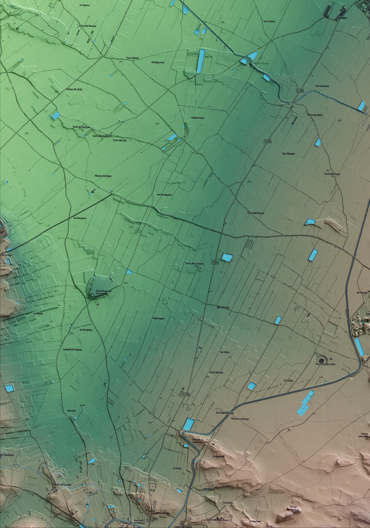 Mapa artístico del relieve de Vilanova de Bellpuig, en el Pla d'Urgell, con 15 km de entorno y base topográfica ICGC. Detalle de la zona inferior izquierda.