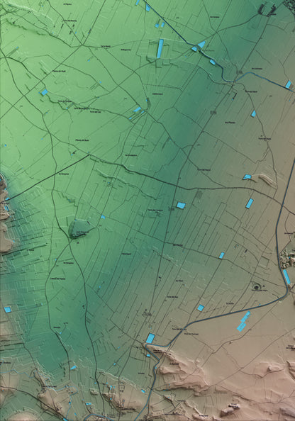 Mapa artístico del relieve de Vilanova de Bellpuig, en el Pla d'Urgell, con 15 km de entorno y base topográfica ICGC. Detalle de la zona inferior izquierda.