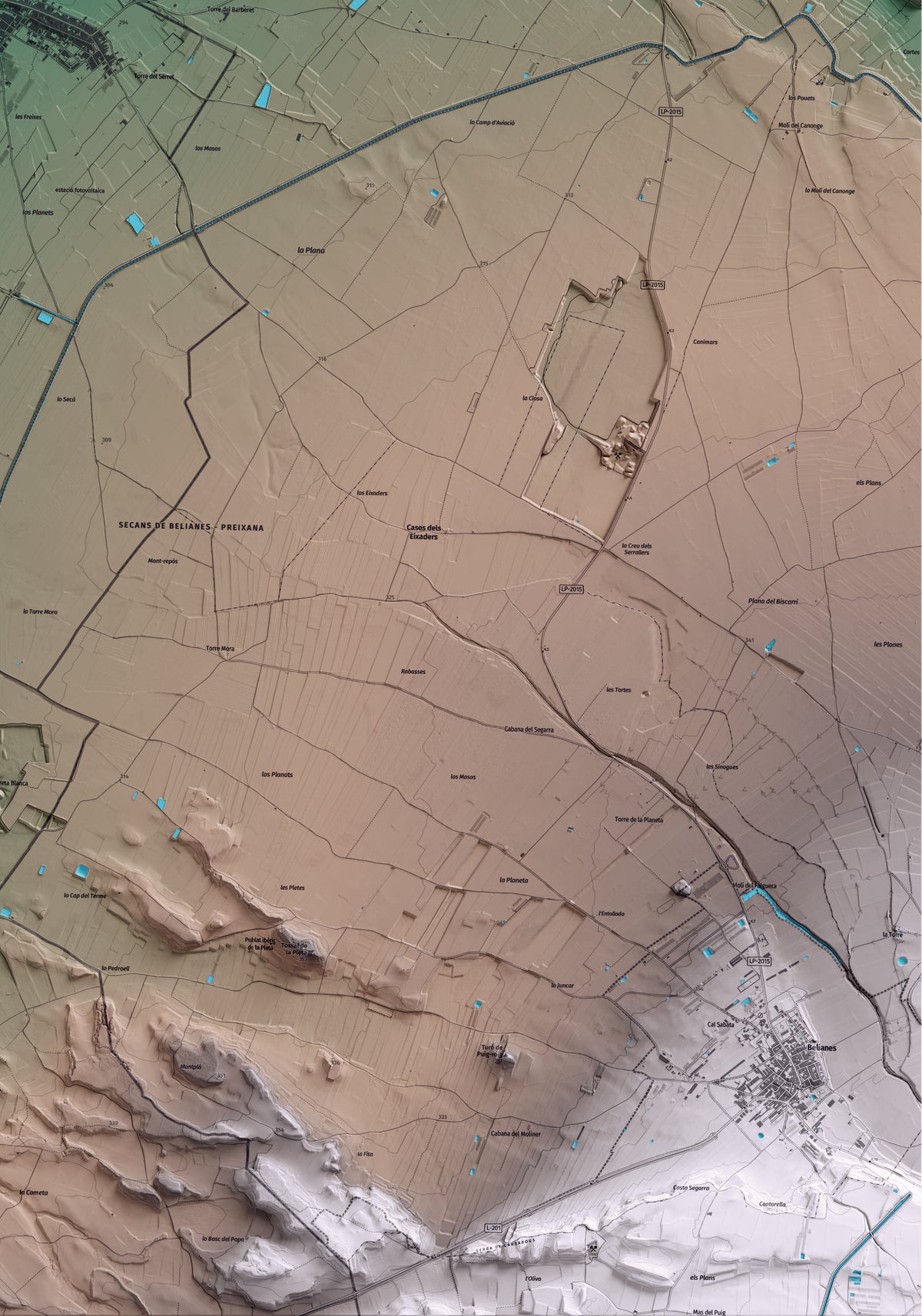 Mapa artístico del relieve de Vilanova de Bellpuig, en el Pla d'Urgell, con 15 km de entorno y base topográfica ICGC. Detalle de la zona inferior derecha.