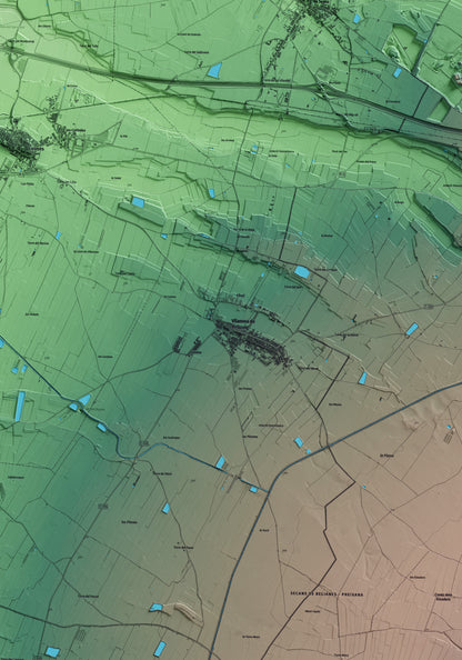 Mapa artístico del relieve de Vilanova de Bellpuig, en el Pla d'Urgell, con 15 km de entorno y base topográfica ICGC. Detalle de la zona central.