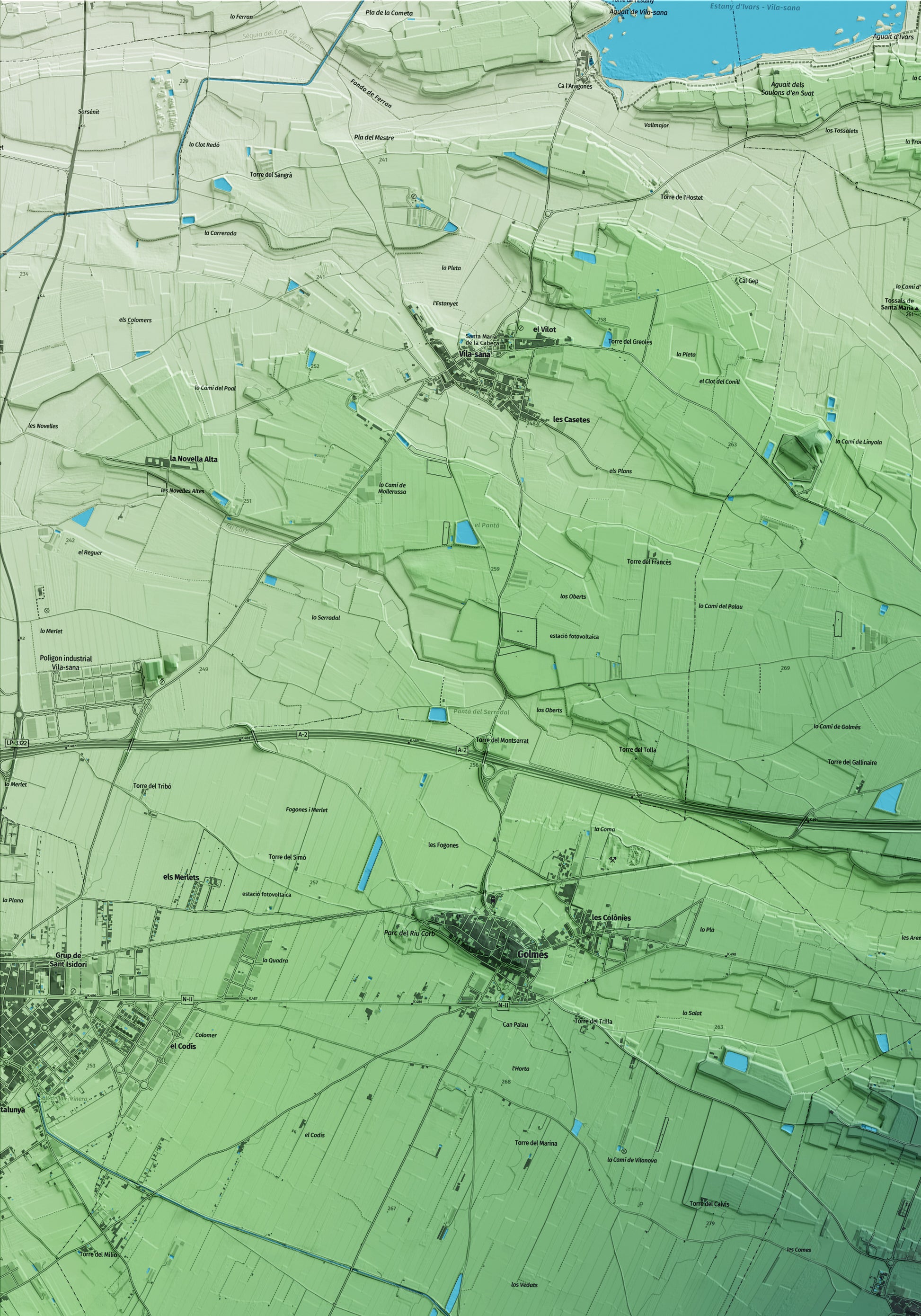 Mapa artístico del relieve de Vilanova de Bellpuig, en el Pla d'Urgell, con 15 km de entorno y base topográfica ICGC. Detalle de la zona superior izquierda.