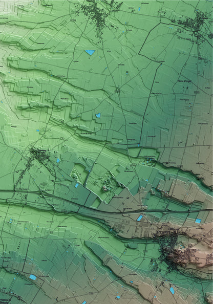 Mapa artístico del relieve de Vilanova de Bellpuig, en el Pla d'Urgell, con 15 km de entorno y base topográfica ICGC. Detalle de la zona superior derecha.