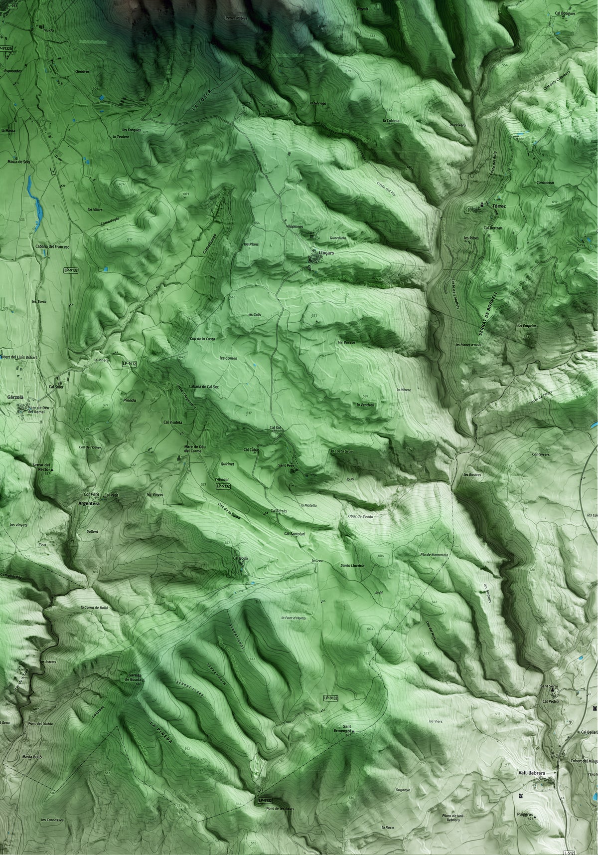Mapa artístico del relieve de Vilanova de Meià, a la Noguera, con 15 km de entorno y base topográfica ICGC. Detalle de la zona inferior derecha.