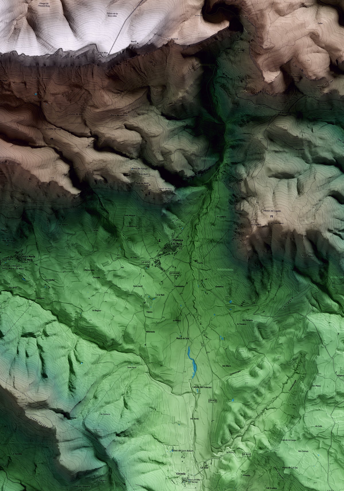 Mapa artístico del relieve de Vilanova de Meià, a la Noguera, con 15 km de entorno y base topográfica ICGC. Detalle de la zona central.