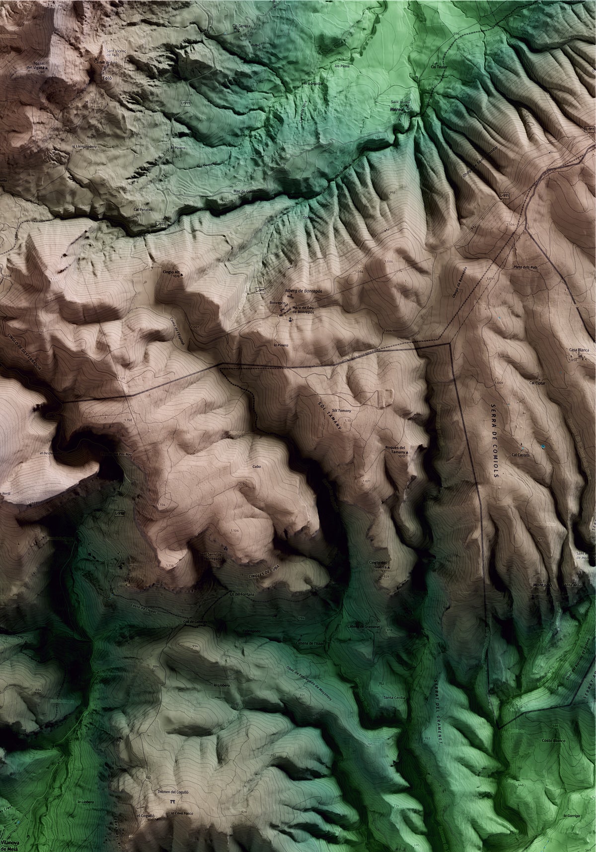 Mapa artístico del relieve de Vilanova de Meià, a la Noguera, con 15 km de entorno y base topográfica ICGC. Detalle de la zona superior derecha.