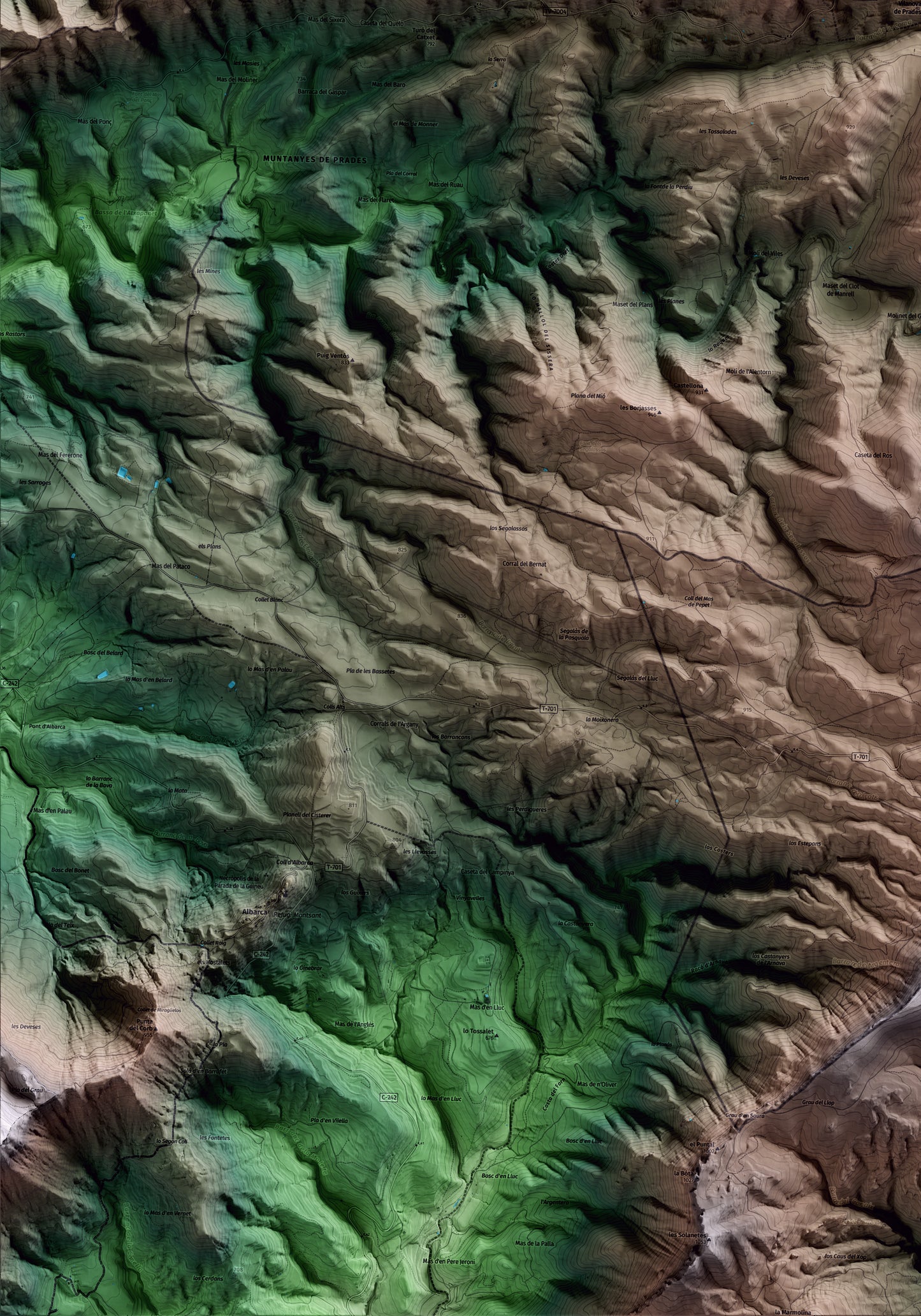 Mapa artístico del relieve de Vilanova de Prades, a la Conca de Barberà, con 15 km de entorno y base topográfica ICGC. Detalle de la zona inferior izquierda.