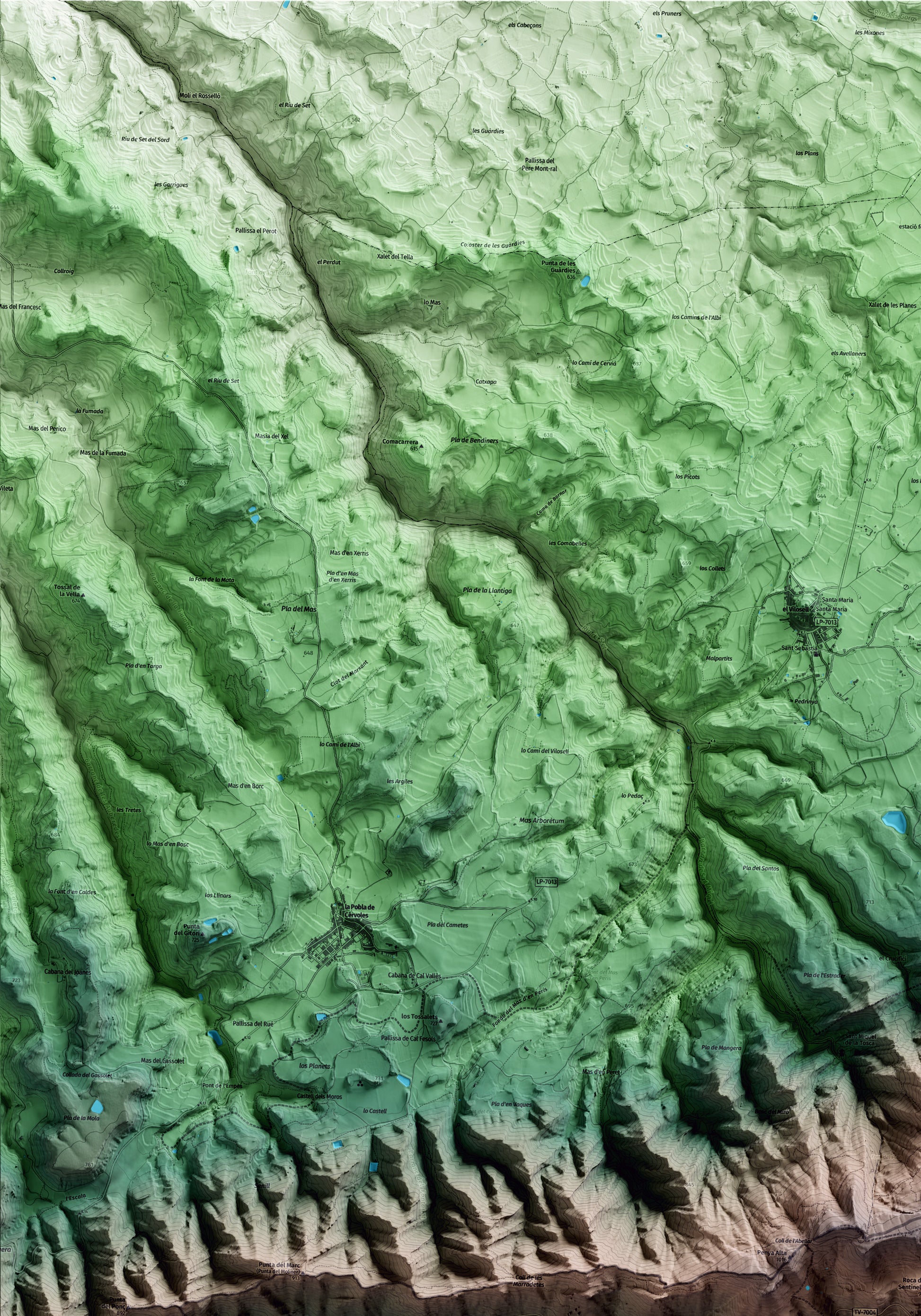 Mapa artístico del relieve de Vilanova de Prades, a la Conca de Barberà, con 15 km de entorno y base topográfica ICGC. Detalle de la zona superior izquierda.