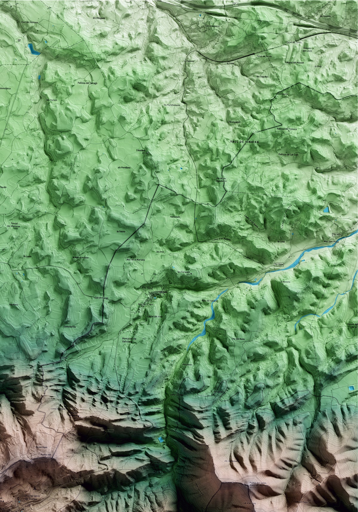 Mapa artístico del relieve de Vilanova de Prades, a la Conca de Barberà, con 15 km de entorno y base topográfica ICGC. Detalle de la zona superior derecha.