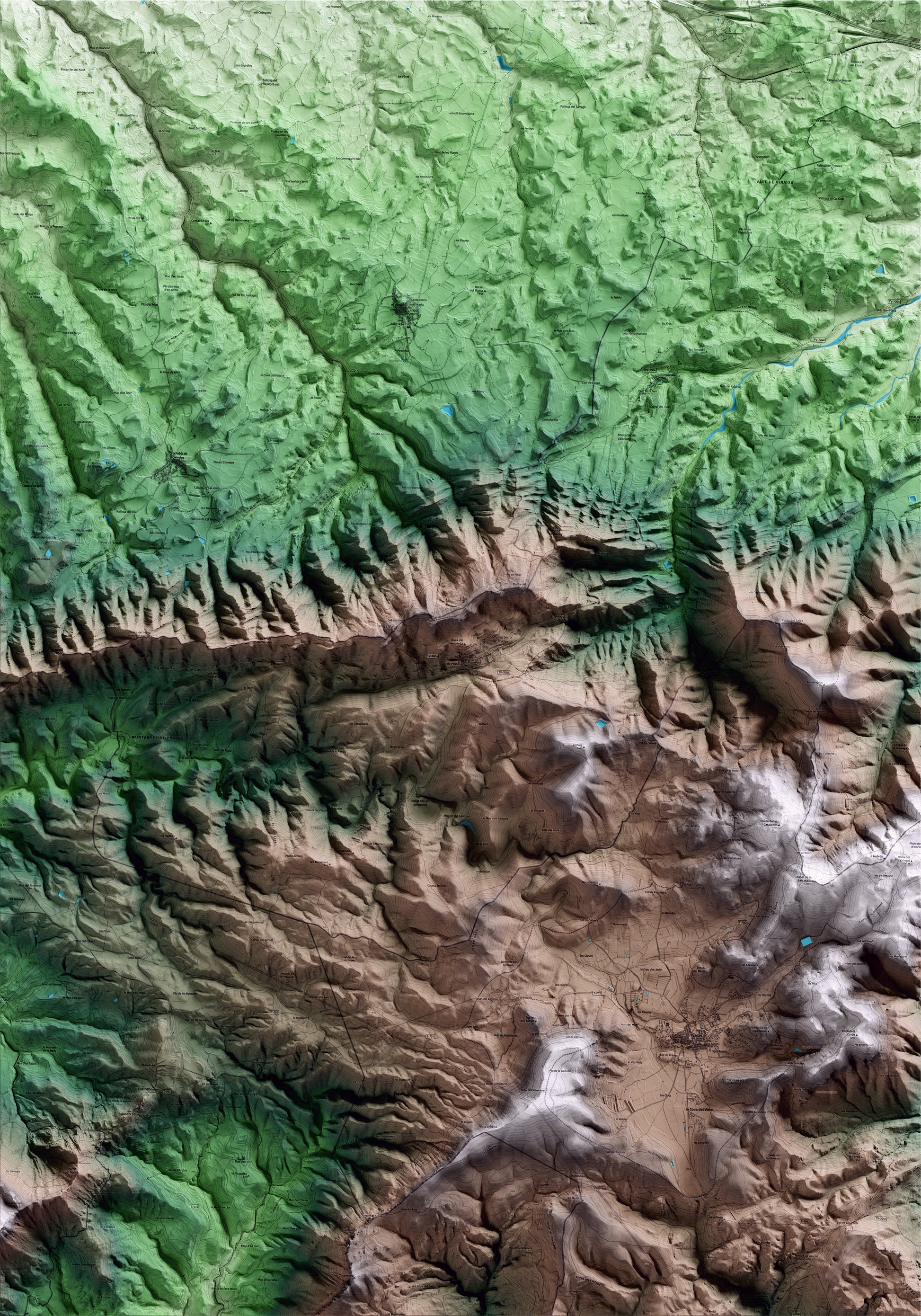 Mapa artístico del relieve de Vilanova de Prades, a la Conca de Barberà, con 15 km de entorno y base topográfica ICGC