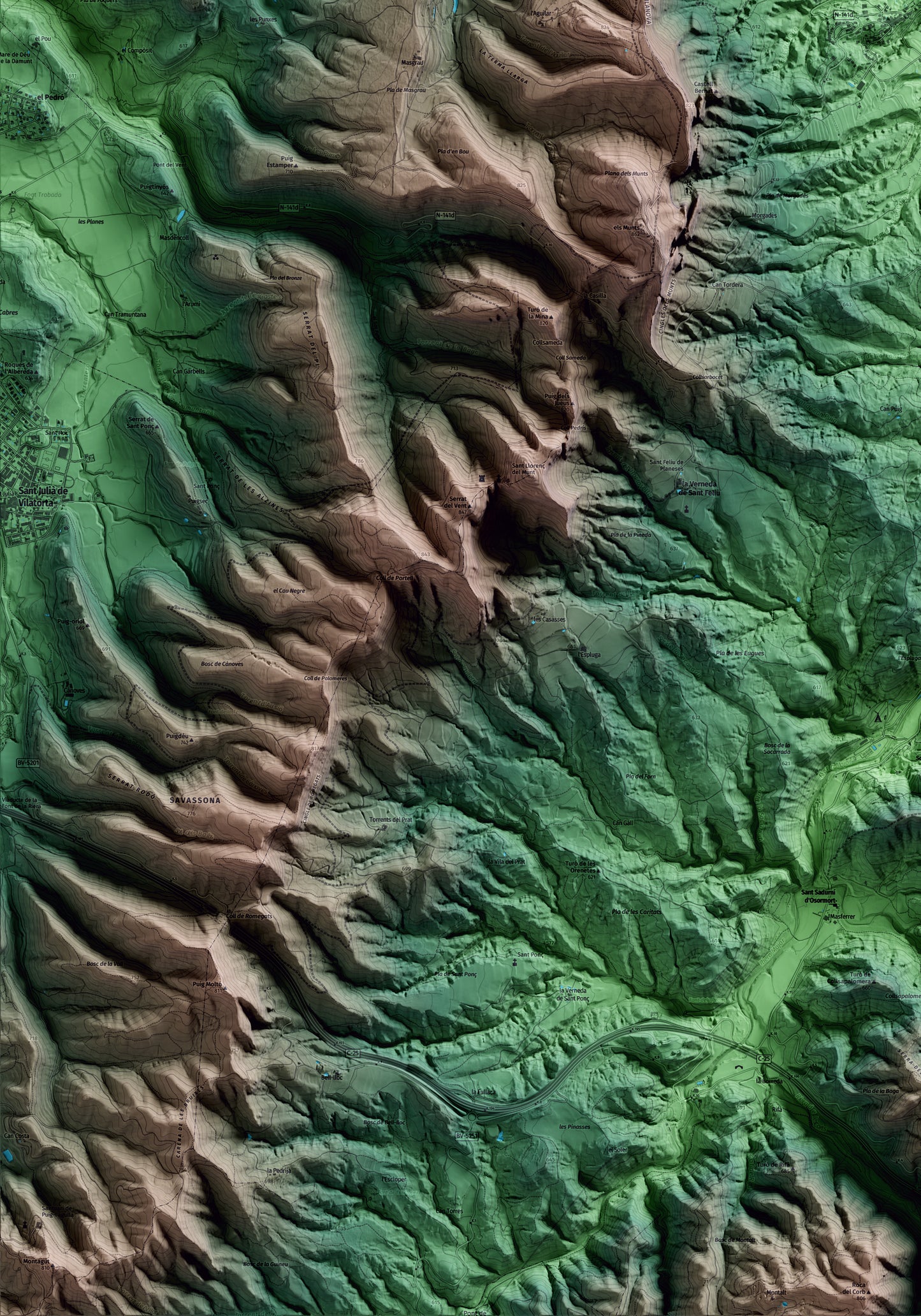 Mapa artístico del relieve de Vilanova de Sau, a Osona, con 15 km de entorno y base topográfica ICGC. Detalle de la zona inferior izquierda.