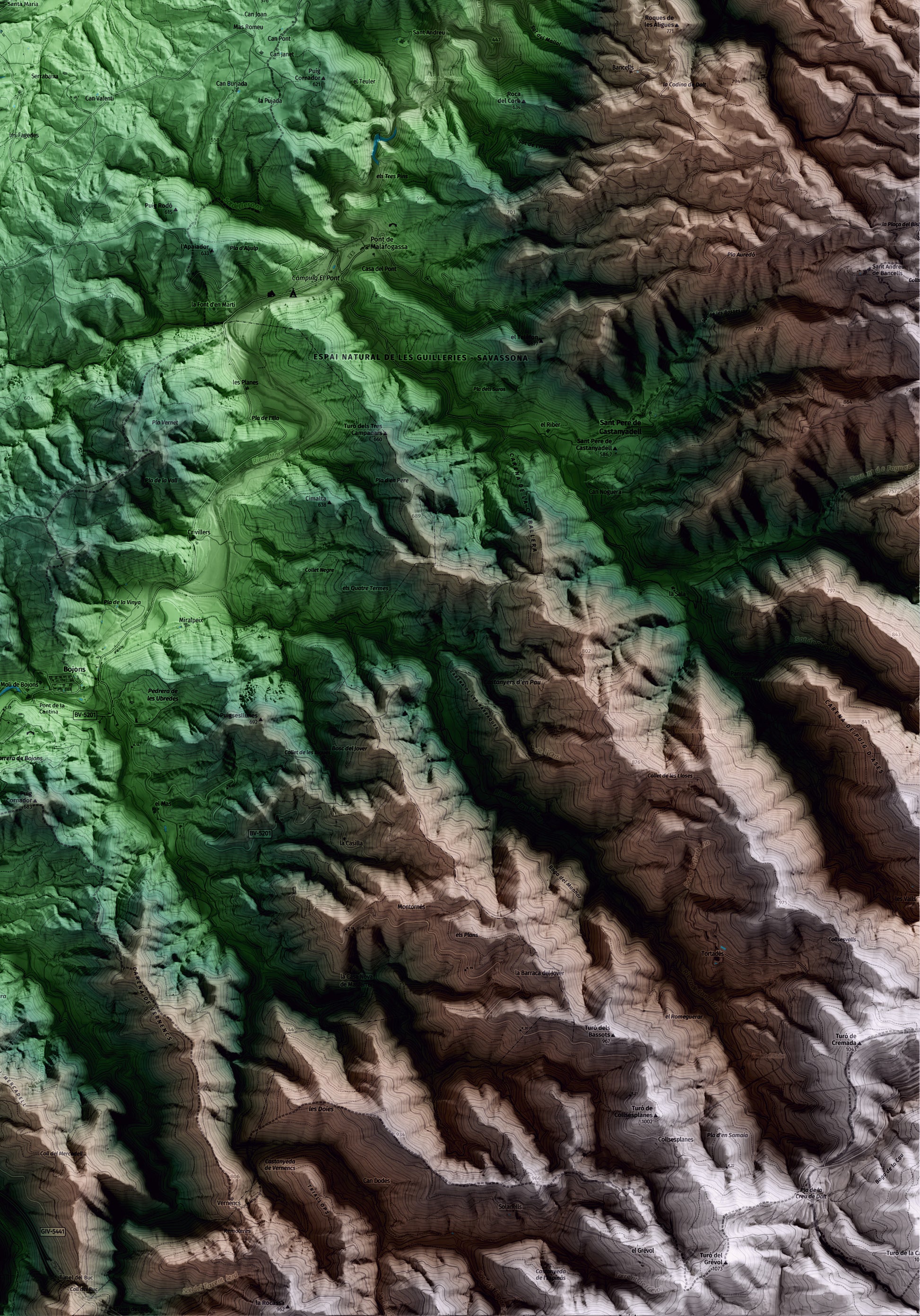 Mapa artístico del relieve de Vilanova de Sau, a Osona, con 15 km de entorno y base topográfica ICGC. Detalle de la zona inferior derecha.