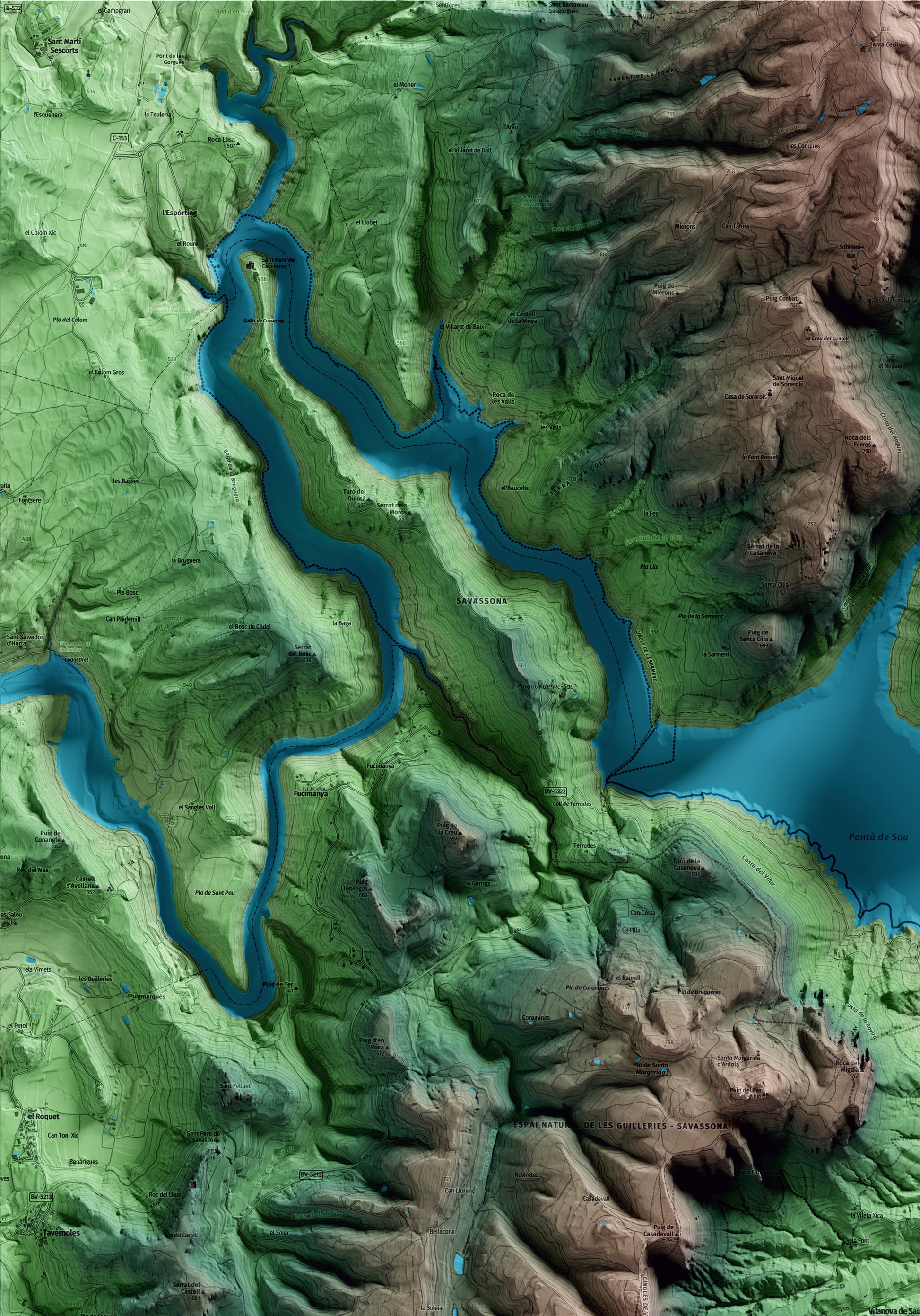 Mapa artístico del relieve de Vilanova de Sau, a Osona, con 15 km de entorno y base topográfica ICGC. Detalle de la zona superior izquierda.
