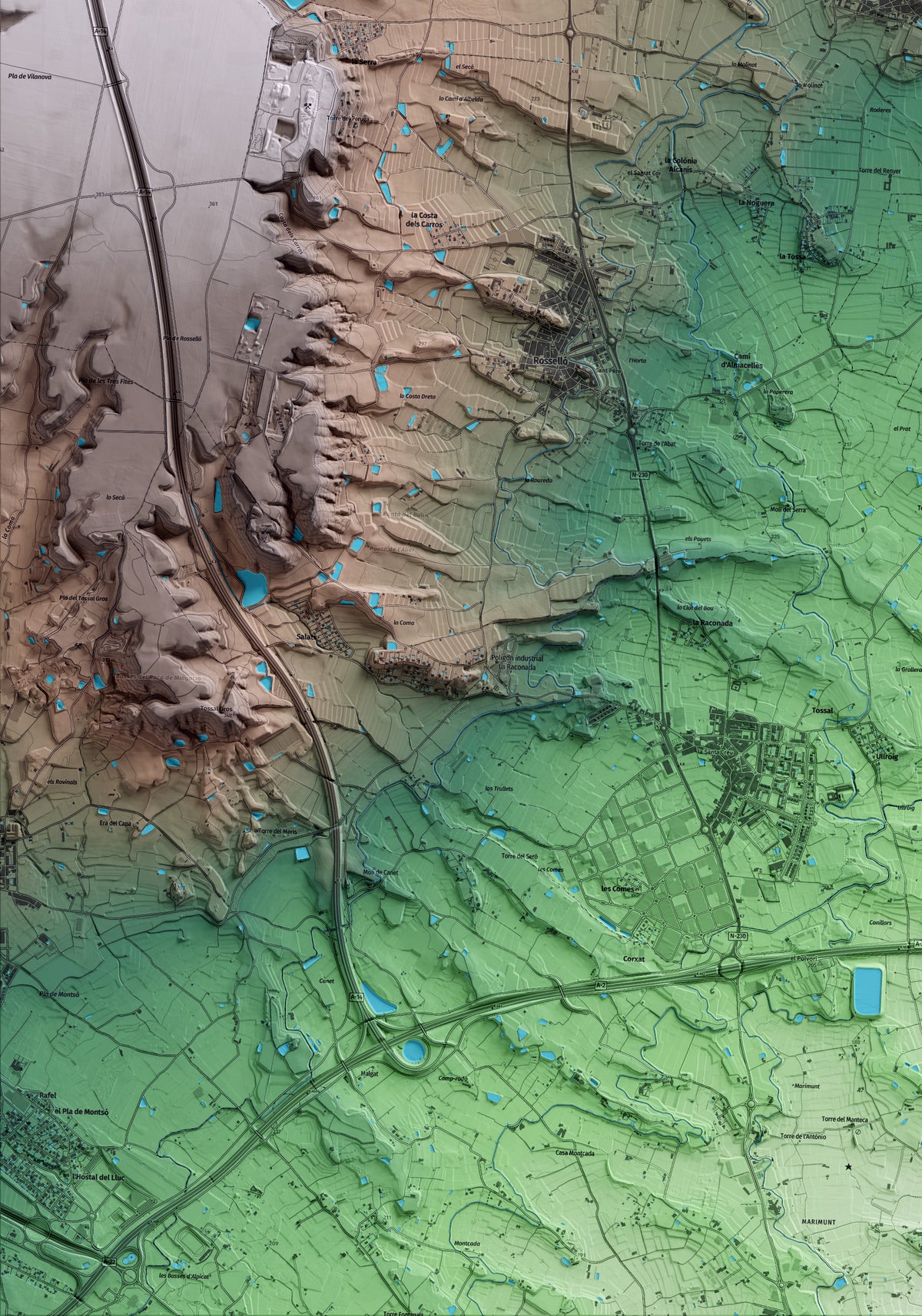 Mapa artístico del relieve de Vilanova de Segrià, al Segrià, con 15 km de entorno y base topográfica ICGC. Detalle de la zona inferior izquierda.