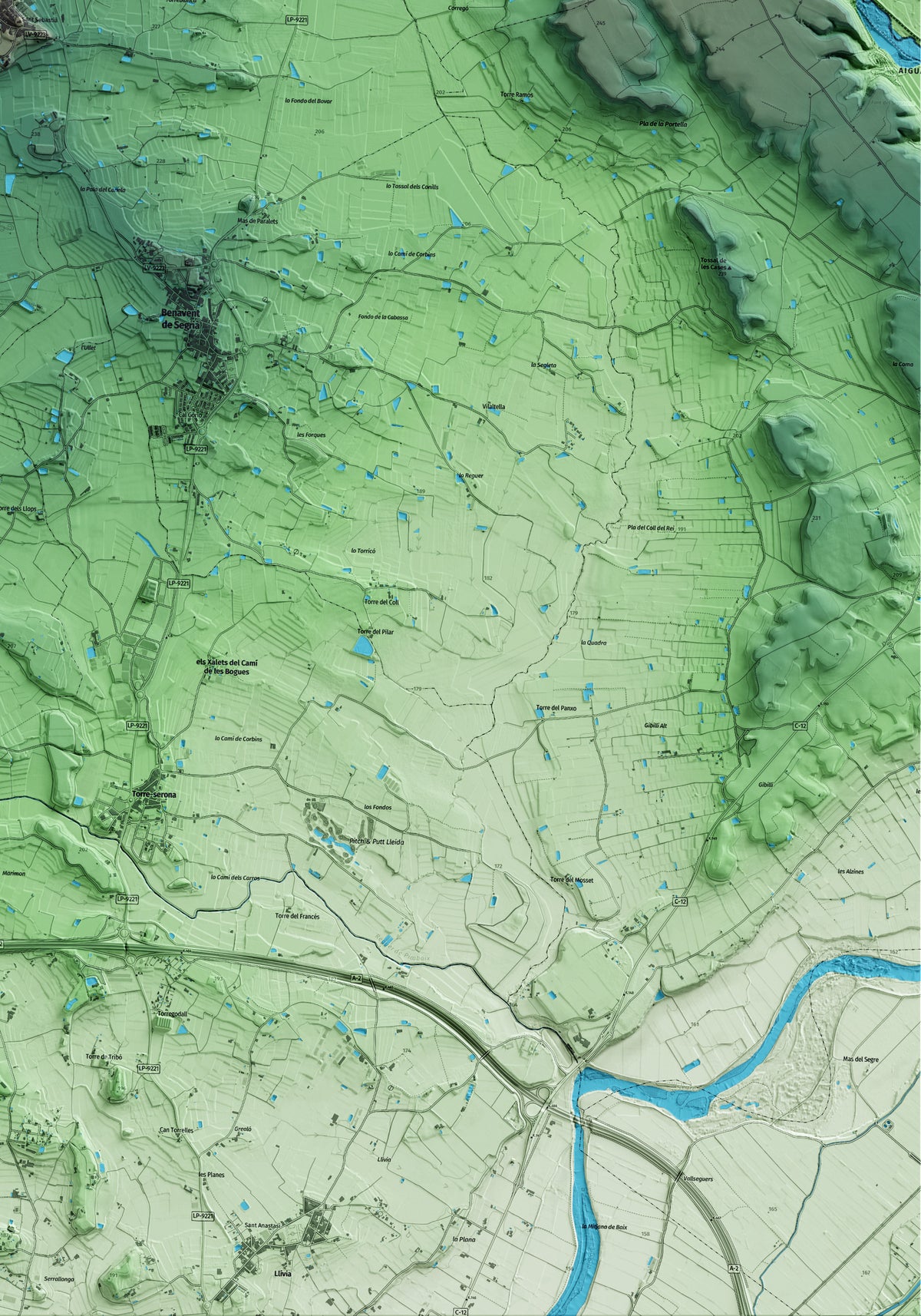Mapa artístico del relieve de Vilanova de Segrià, al Segrià, con 15 km de entorno y base topográfica ICGC. Detalle de la zona inferior derecha.