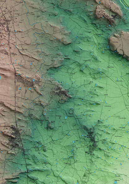 Mapa artístico del relieve de Vilanova de Segrià, al Segrià, con 15 km de entorno y base topográfica ICGC. Detalle de la zona central.