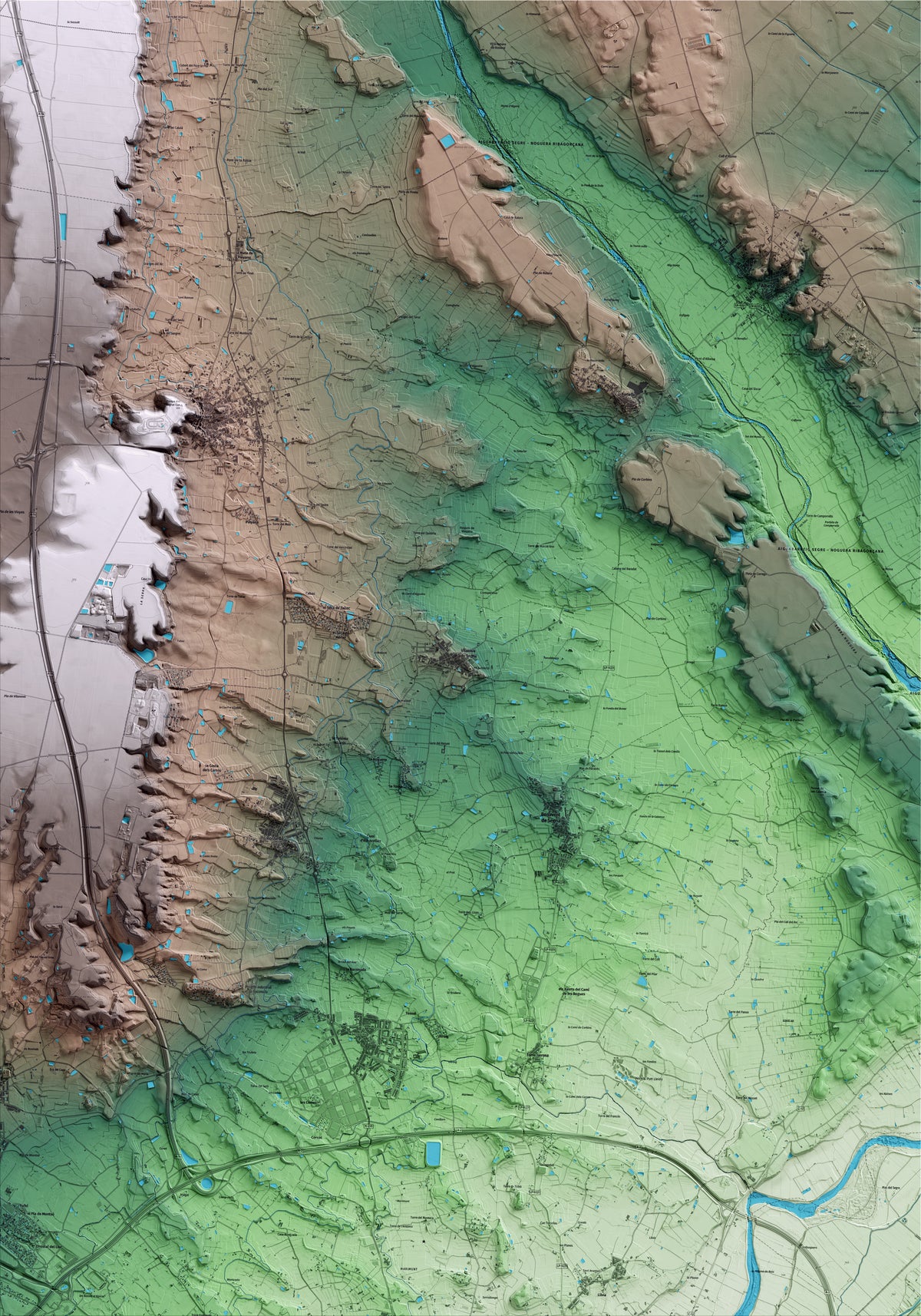 Mapa artístico del relieve de Vilanova de Segrià, al Segrià, con 15 km de entorno y base topográfica ICGC