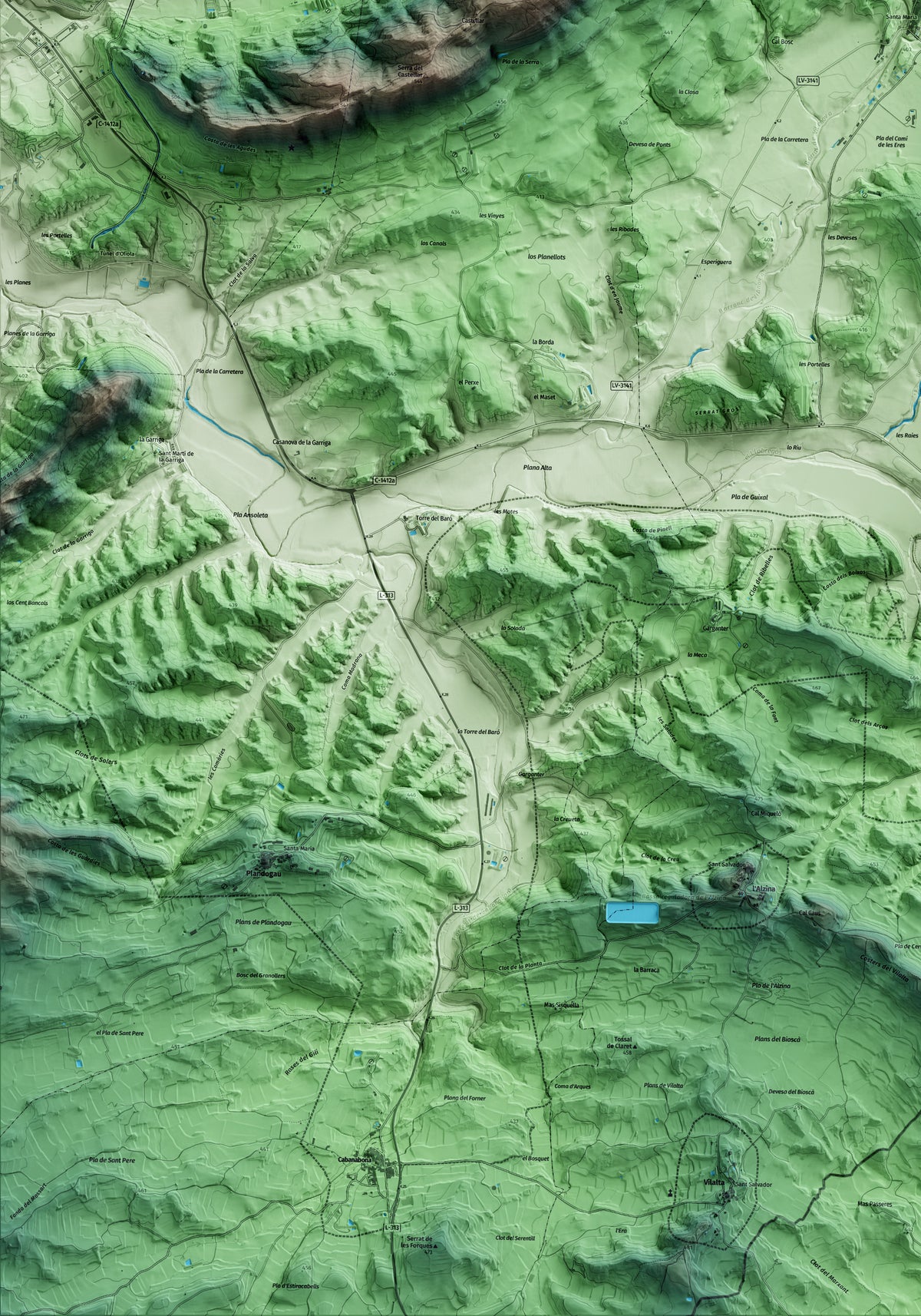 Mapa artístico del relieve de Vilanova de l'Aguda, a la Noguera, con 15 km de entorno y base topográfica ICGC. Detalle de la zona inferior izquierda.