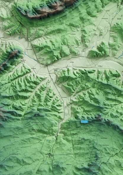 Mapa artístico del relieve de Vilanova de l'Aguda, a la Noguera, con 15 km de entorno y base topográfica ICGC. Detalle de la zona inferior izquierda.