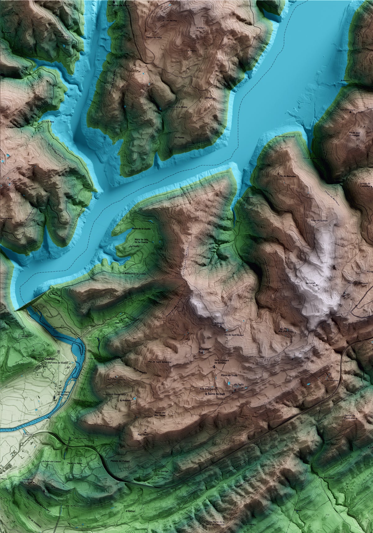 Mapa artístico del relieve de Vilanova de l'Aguda, a la Noguera, con 15 km de entorno y base topográfica ICGC. Detalle de la zona superior izquierda.