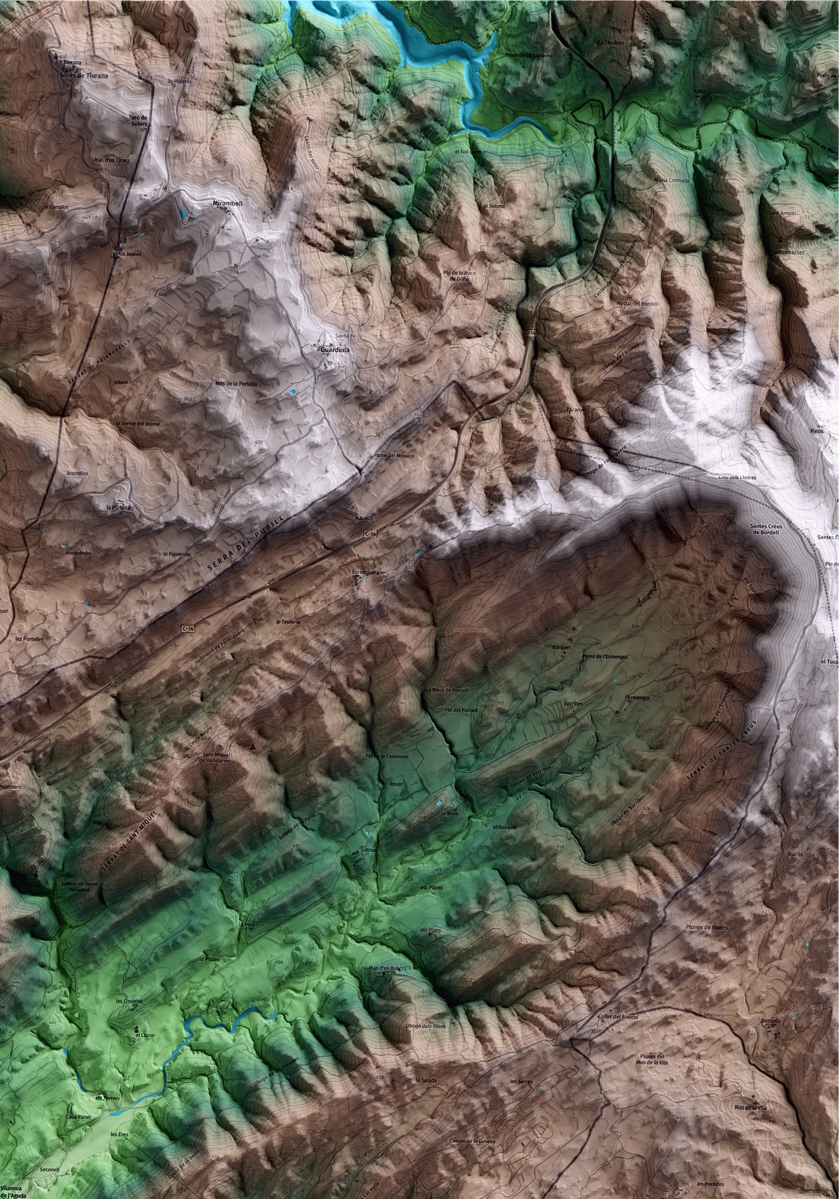 Mapa artístico del relieve de Vilanova de l'Aguda, a la Noguera, con 15 km de entorno y base topográfica ICGC. Detalle de la zona superior derecha.