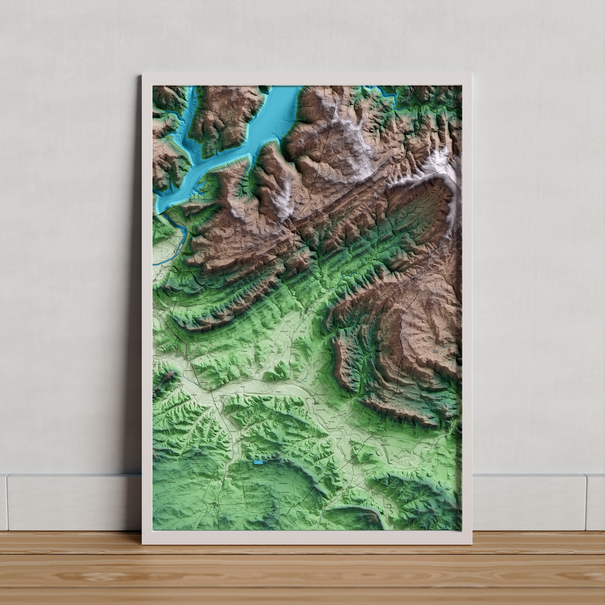 Mapa artístico del relieve de Vilanova de l'Aguda, a la Noguera, con 15 km de entorno y base topográfica ICGC. Presentación enmarcada.