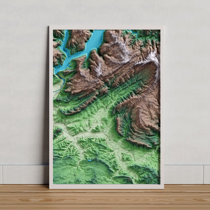 Mapa artístico del relieve de Vilanova de l'Aguda, a la Noguera, con 15 km de entorno y base topográfica ICGC. Presentación enmarcada.