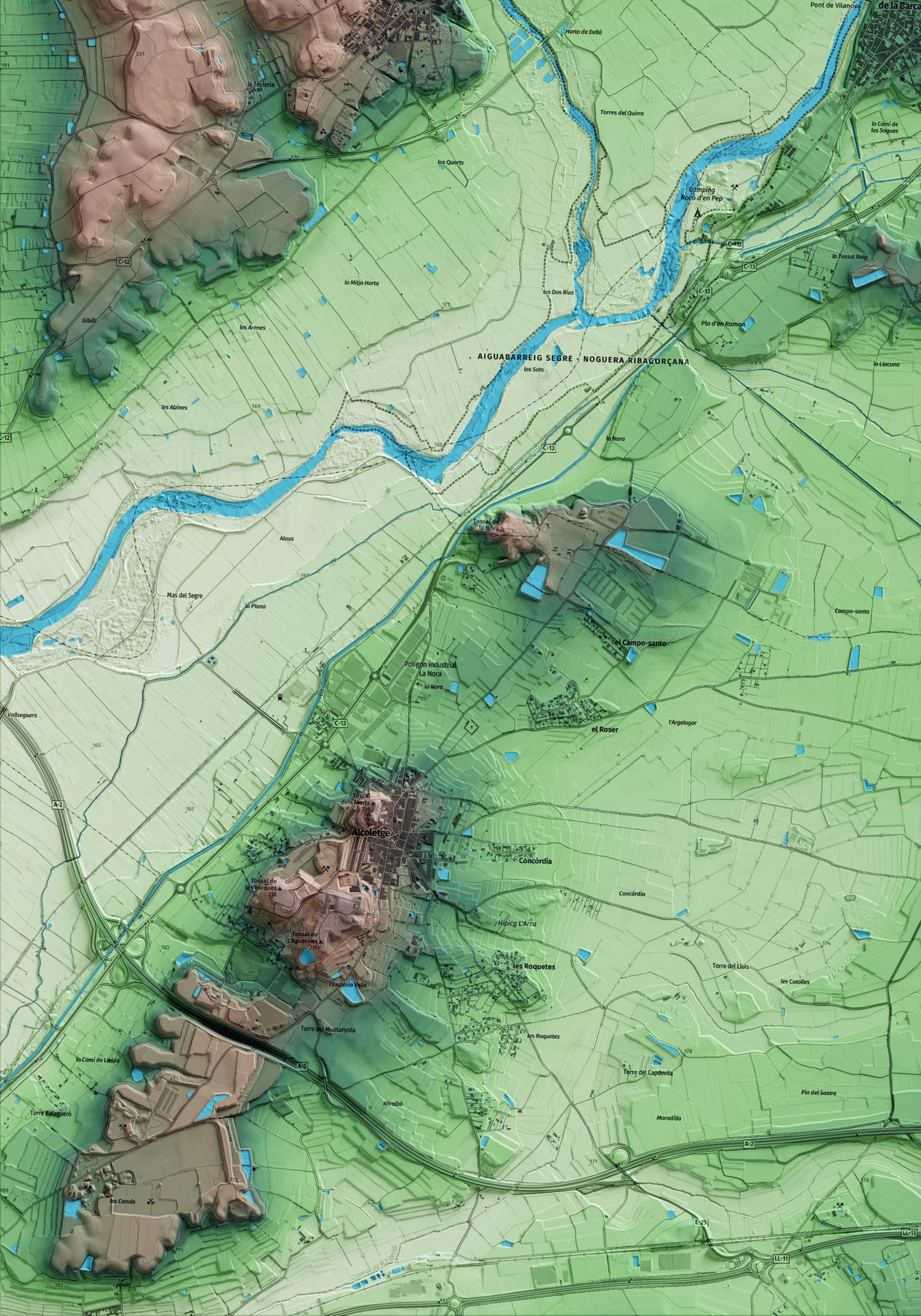 Mapa artístico del relieve de Vilanova de la Barca, al Segrià, con 15 km de entorno y base topográfica ICGC. Detalle de la zona inferior izquierda.